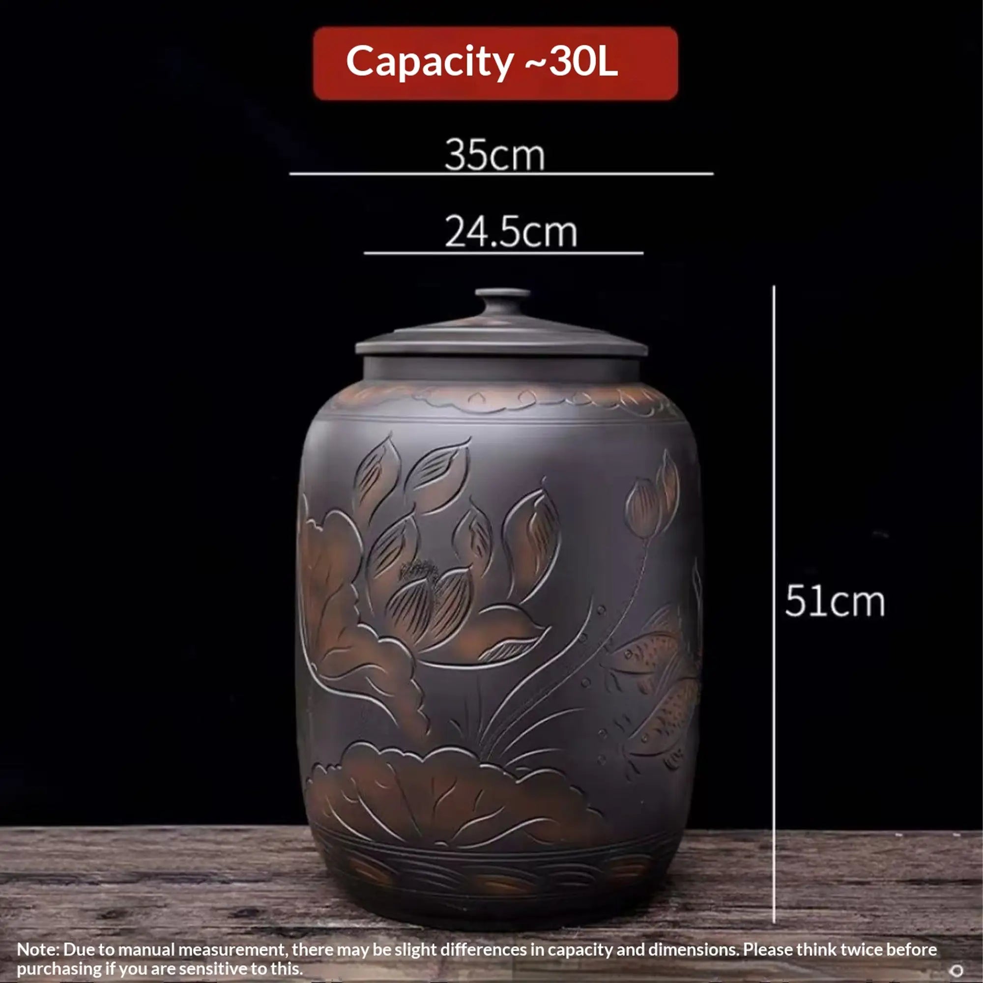 Jianshui zitao line-engraved storage jar size guide with hand-measured height, width, and capacity