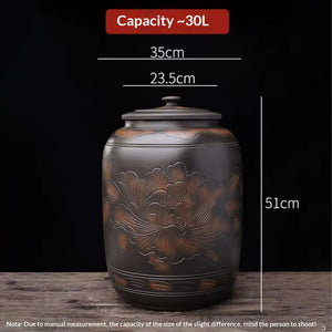 Jianshui zitao line-engraved storage jar shown with hand-measured dimensions and approximate capacity reference