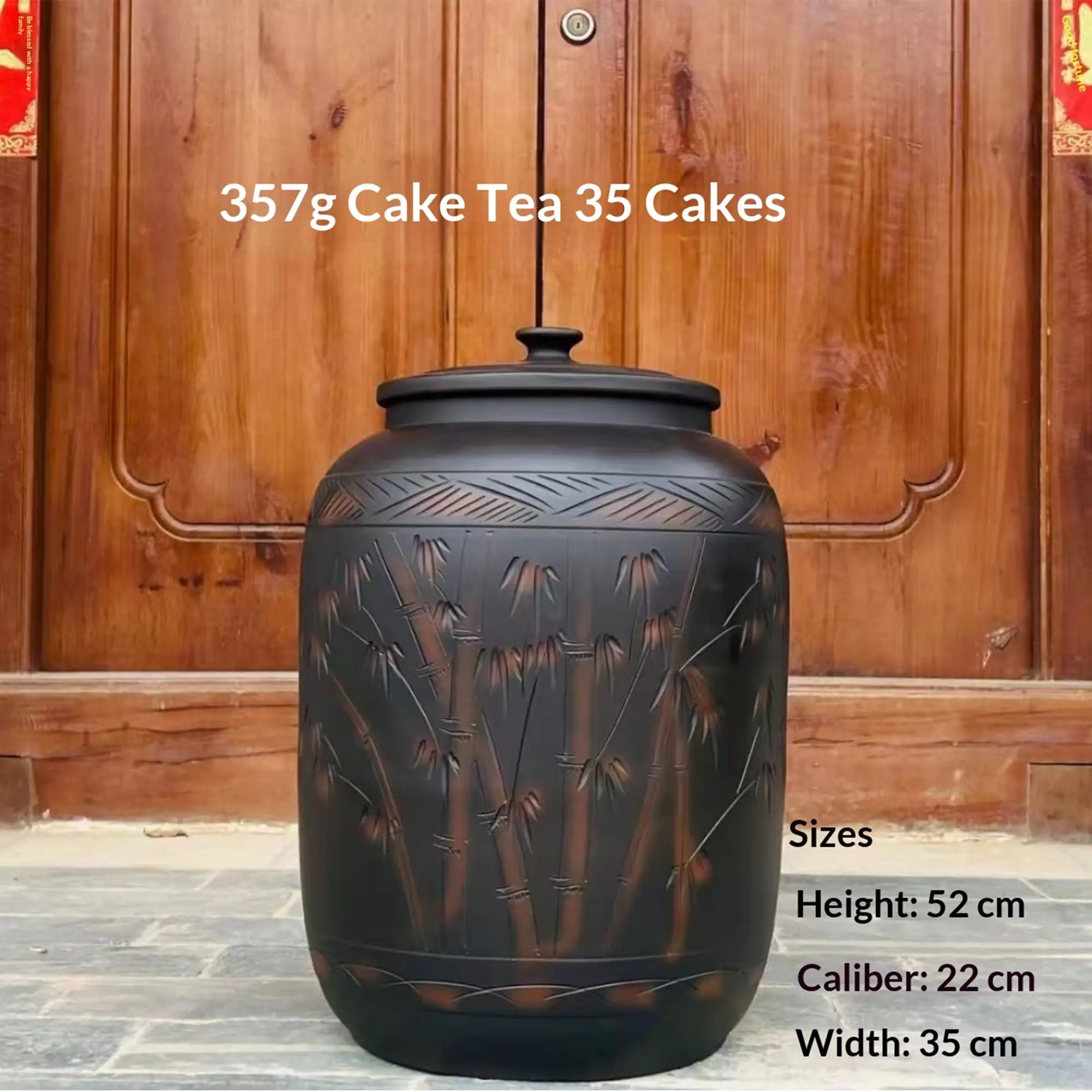 Jianshui zitao line-engraved storage jar showing an example of storing 357g tea cakes with size reference