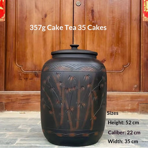 Jianshui zitao line-engraved storage jar showing an example of storing 357g tea cakes with size reference