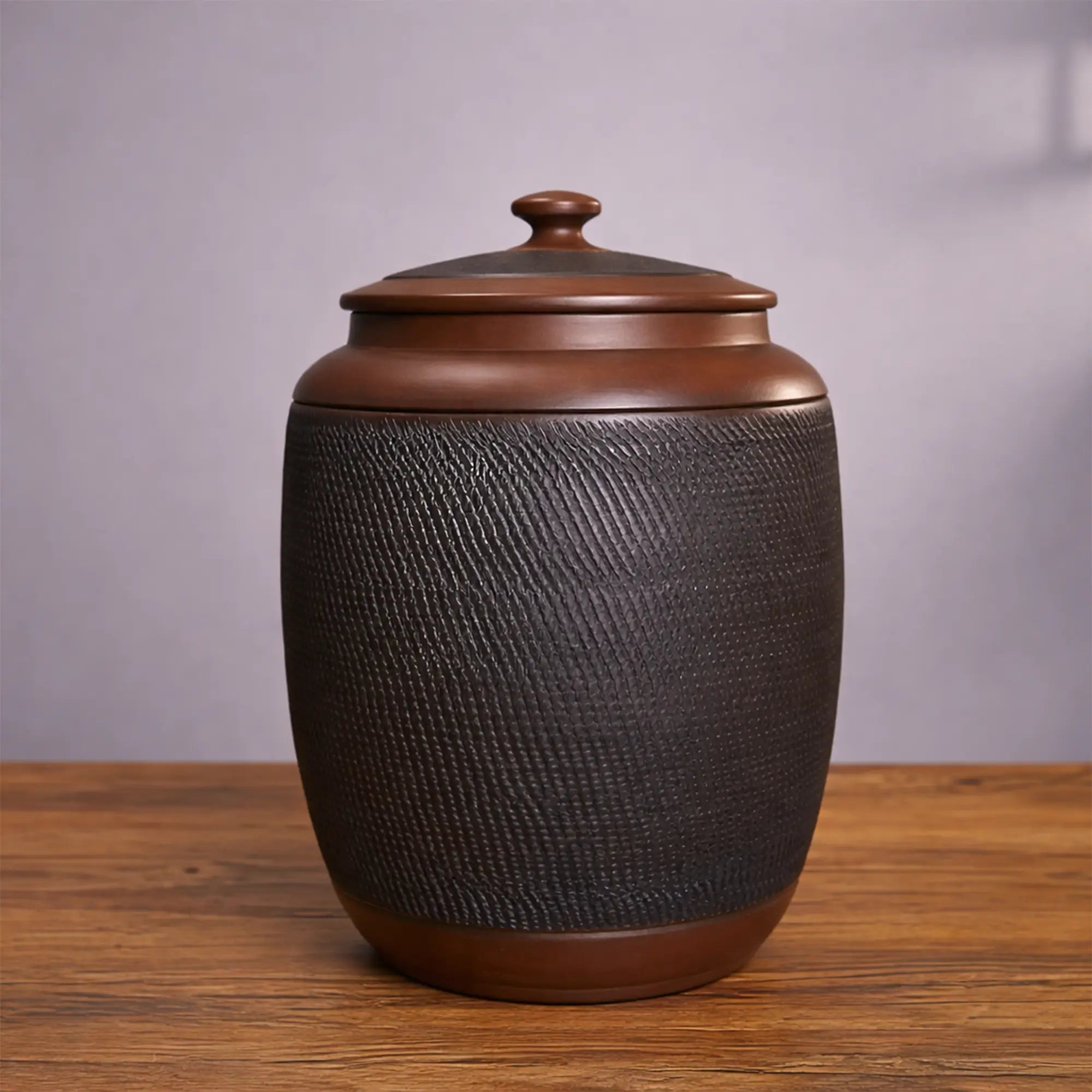 Jianshui zitao storage jar with a hand-applied jumping-knife texture and unglazed pottery surface