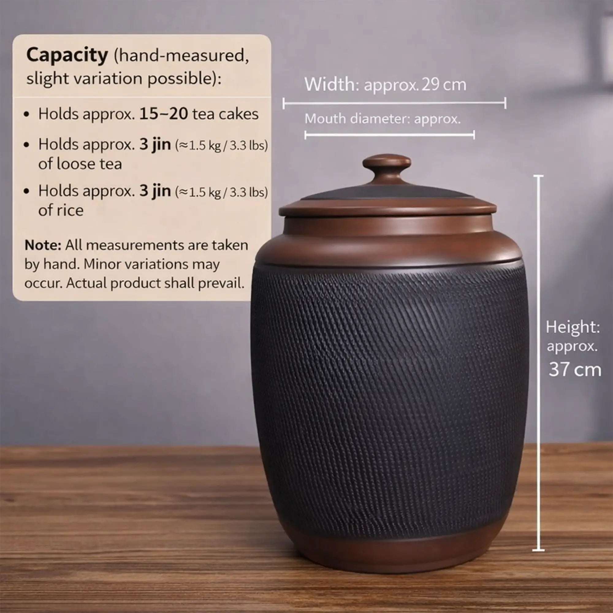 Jianshui zitao storage jar with jumping-knife texture, shown with approximate dimensions and hand-measured capacity details