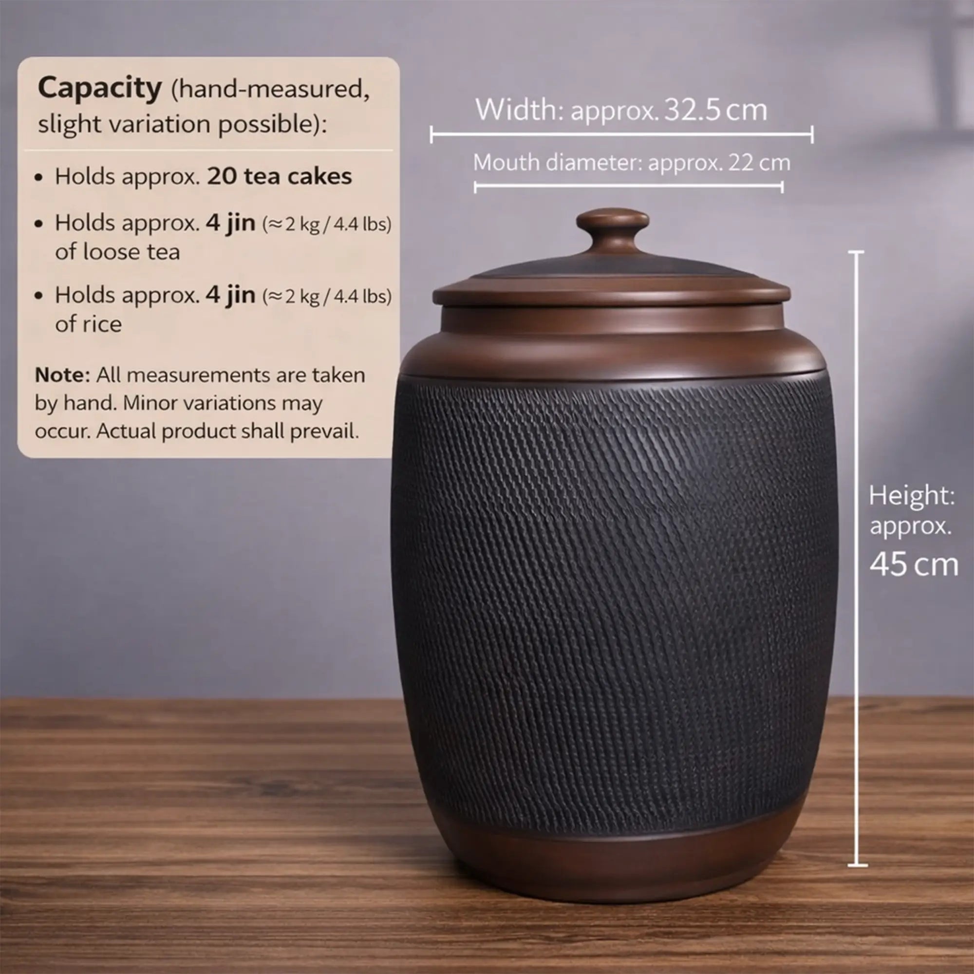 Jianshui zitao storage jar size reference showing height, width, and capacity measurements