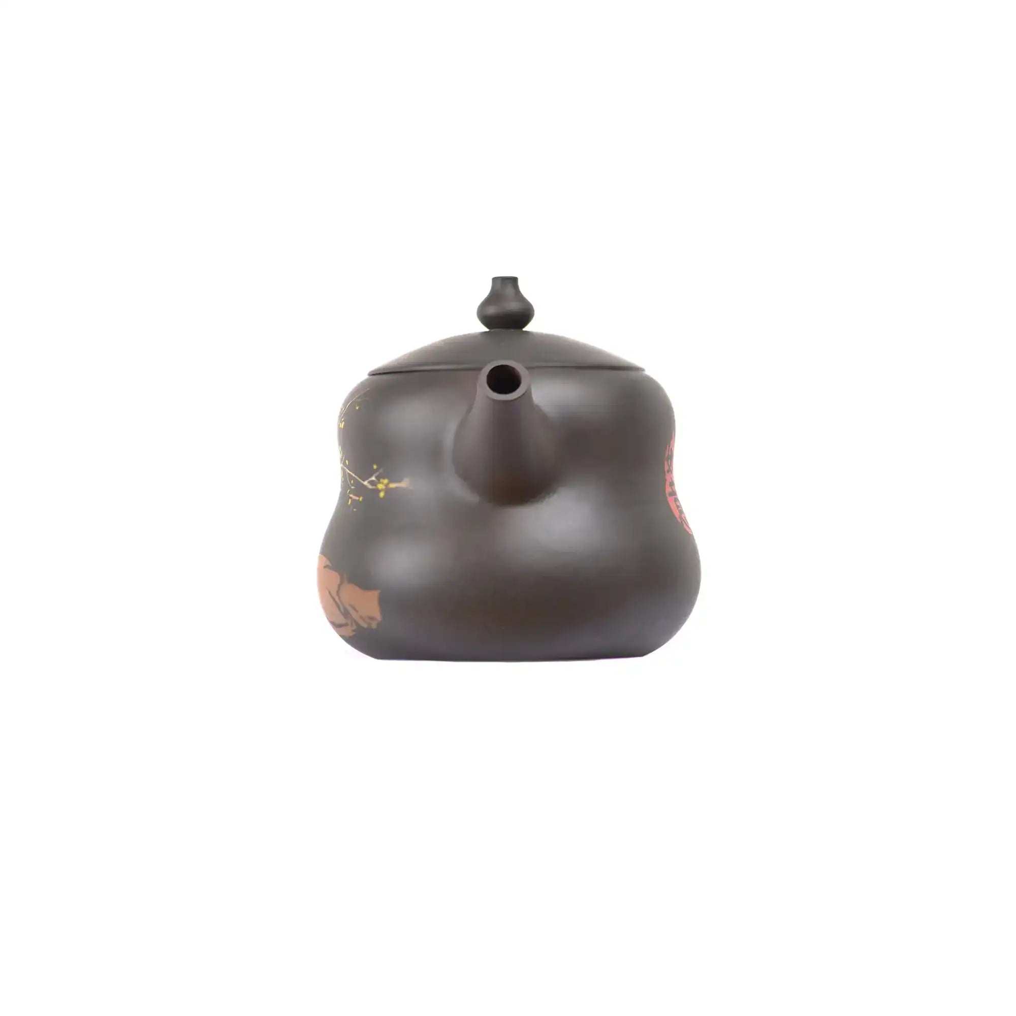 Front view of PorSva No.48 gourd-shaped Jianshui clay teapot featuring yin-carved cat and vase motif with clay inlay