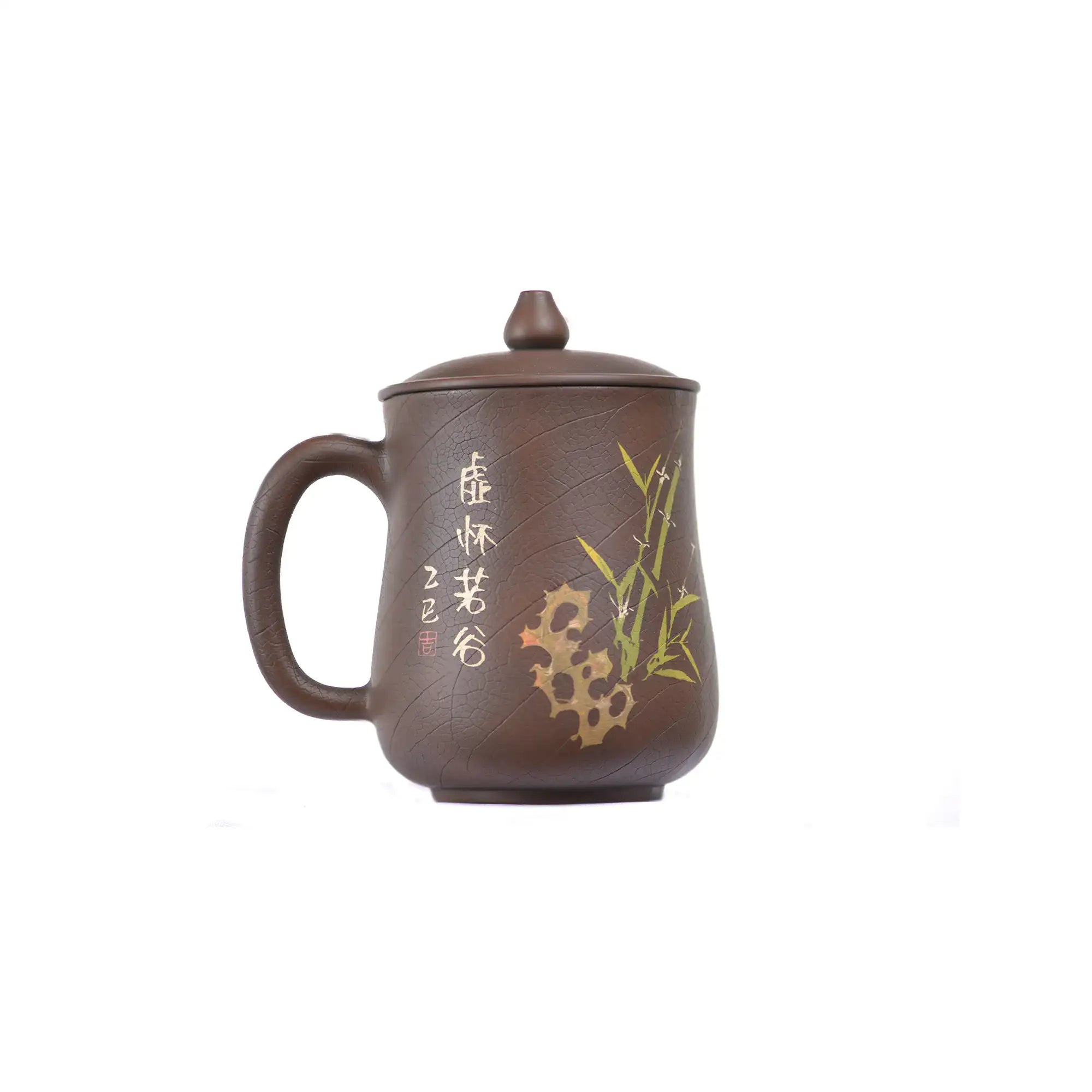 Jianshui zitao office tea mug with bamboo design and bodhi texture, side view