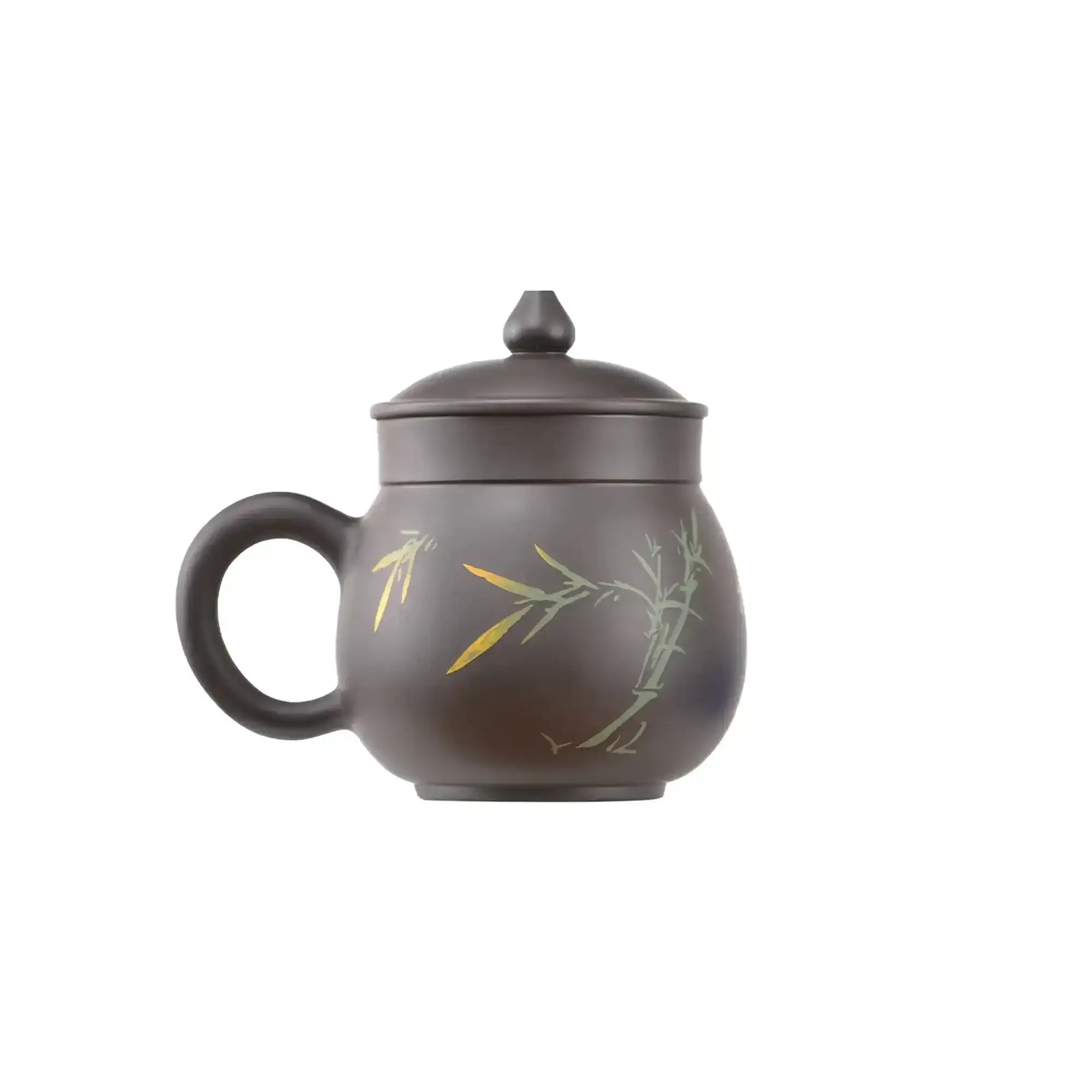 Front view of a Jianshui zitao office mug with hand-engraved bamboo motif and lid