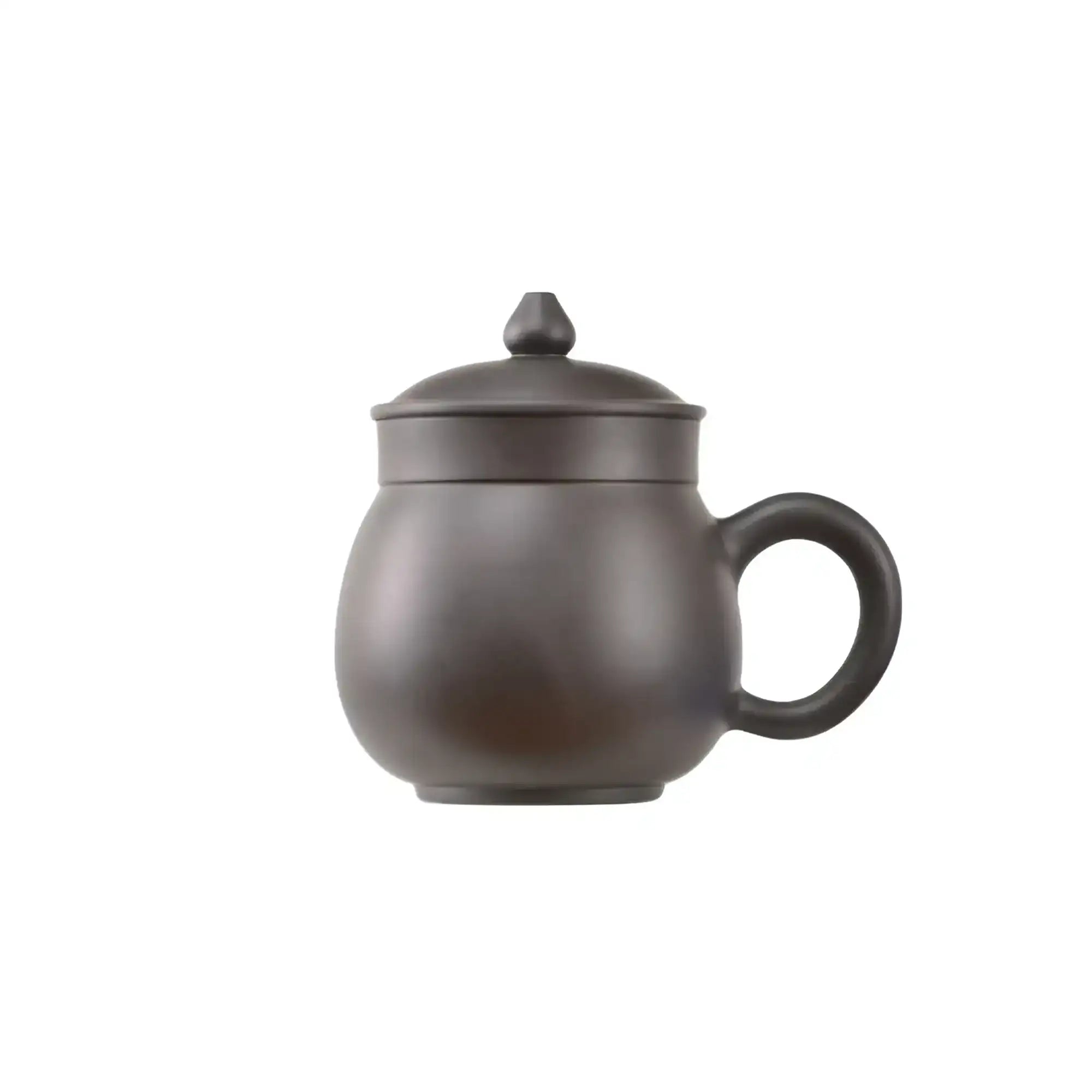 Back view of a Jianshui zitao lidded office mug with smooth rounded form and handle
