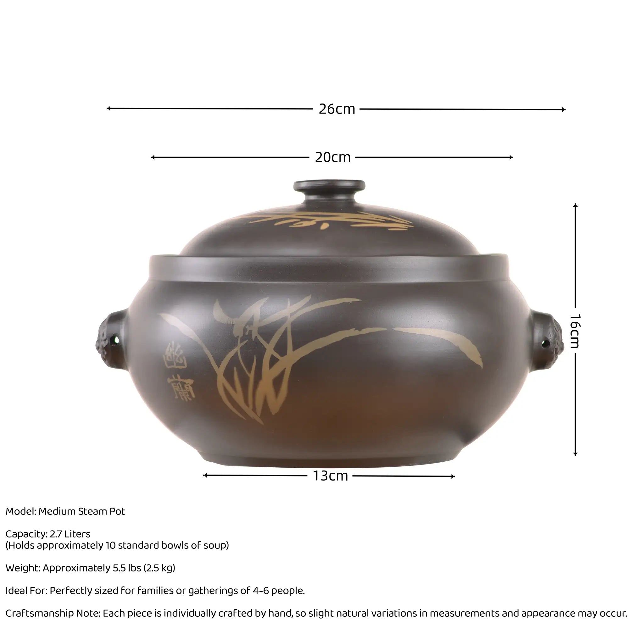 Size and capacity details of a medium Jianshui zitao black steam pot, holding 2.7 liters and ideal for gatherings of 4-6 people