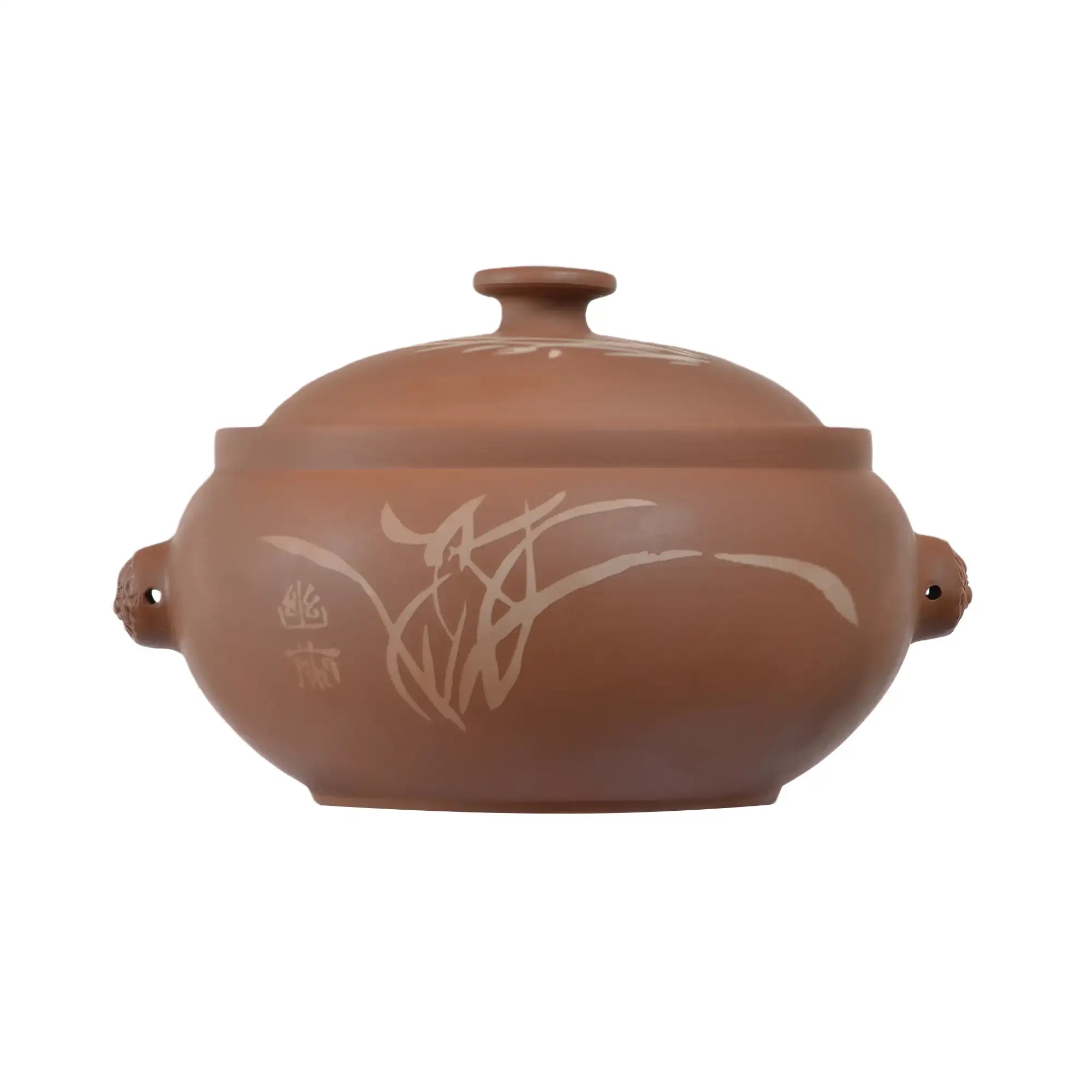 Handmade purple pottery steam pot (red clay) with hand-engraved botanical design and fitted lid.
