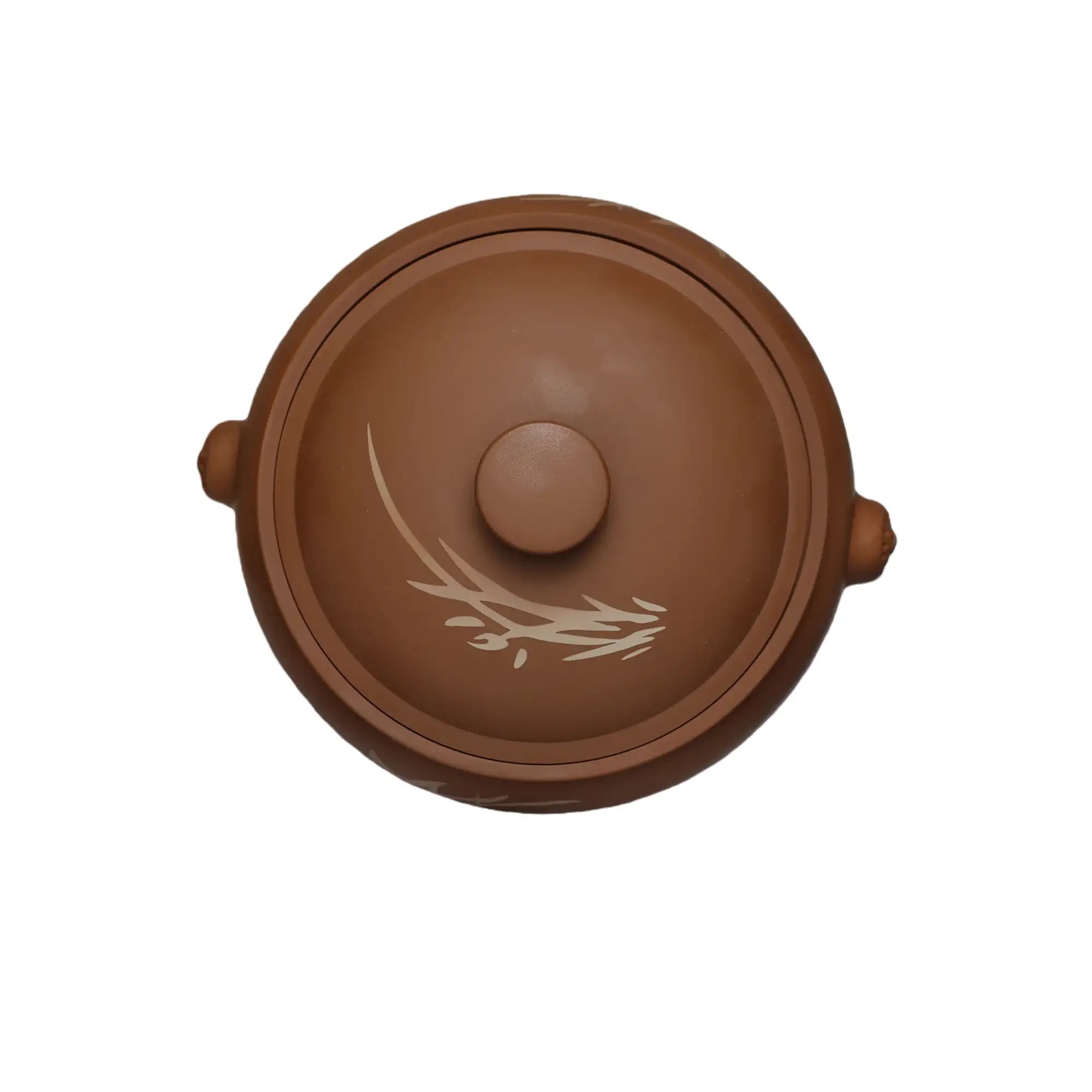 Top view of a handmade purple pottery steam pot (red clay) with fitted lid and hand-engraved botanical motif.
