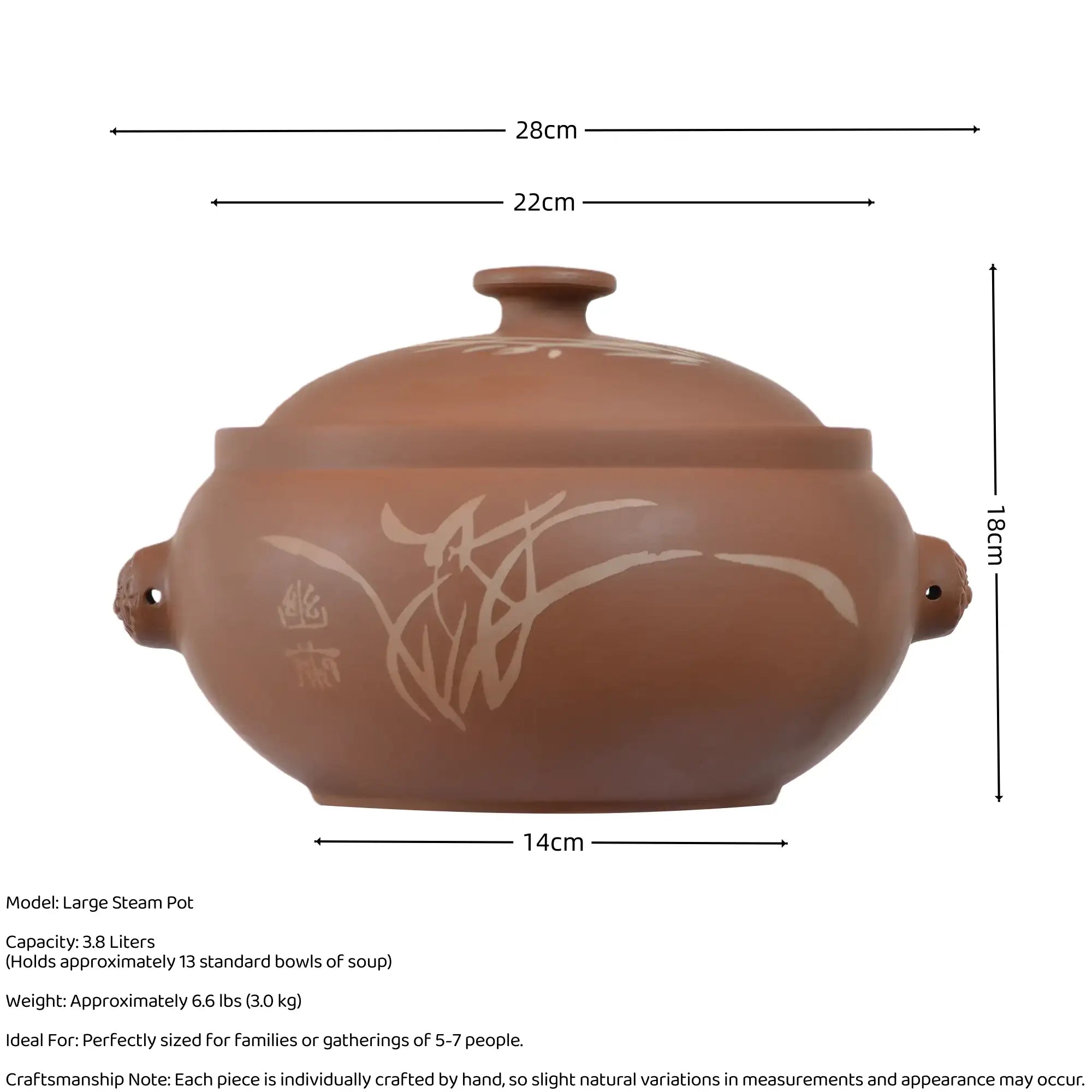 Size and capacity details of a large handmade purple  pottery steam pot(red caly), holding 3.8 liters and ideal for gatherings of 5-7 people.