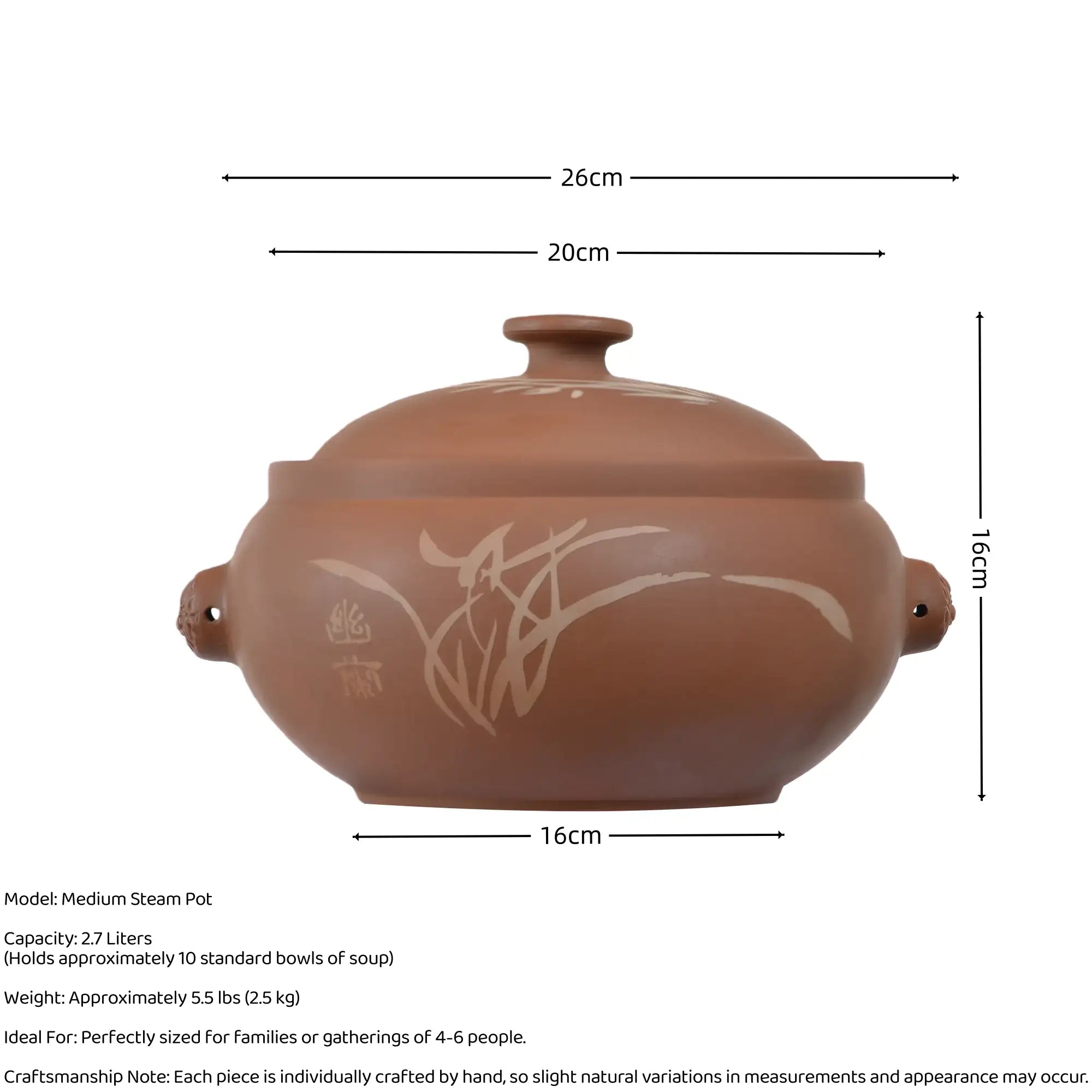 Size and capacity details of a medium handmade purple  pottery steam pot(red caly), holding 2.7 liters and ideal for gatherings of 4-6 people.