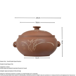 Size and capacity details of a small handmade purple  pottery steam pot(red caly), holding 2 liters and ideal for gatherings of 2-3 people.