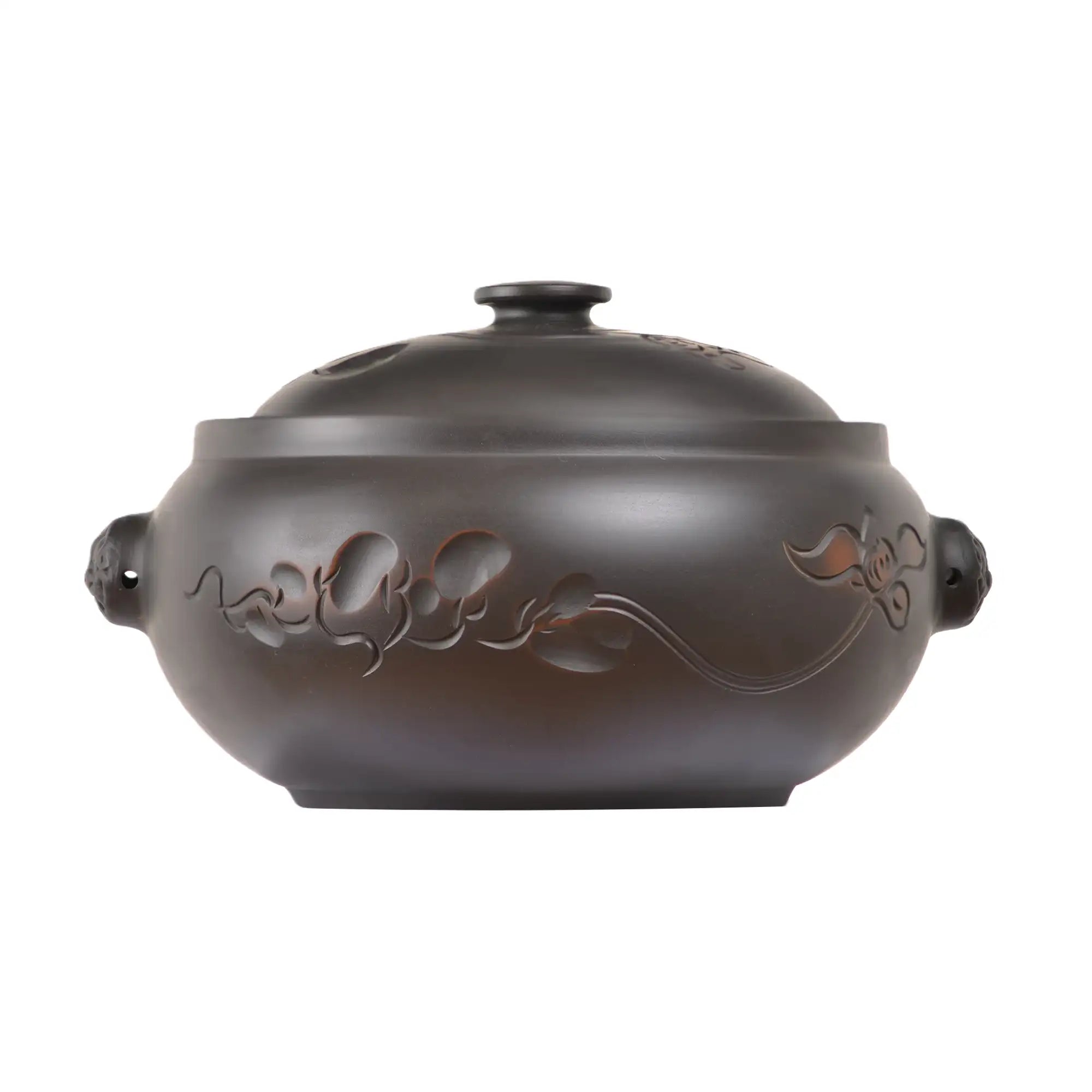 Handcrafted Jianshui zitao pottery steam pot (black) with a line-carved lotus flower design and fitted lid