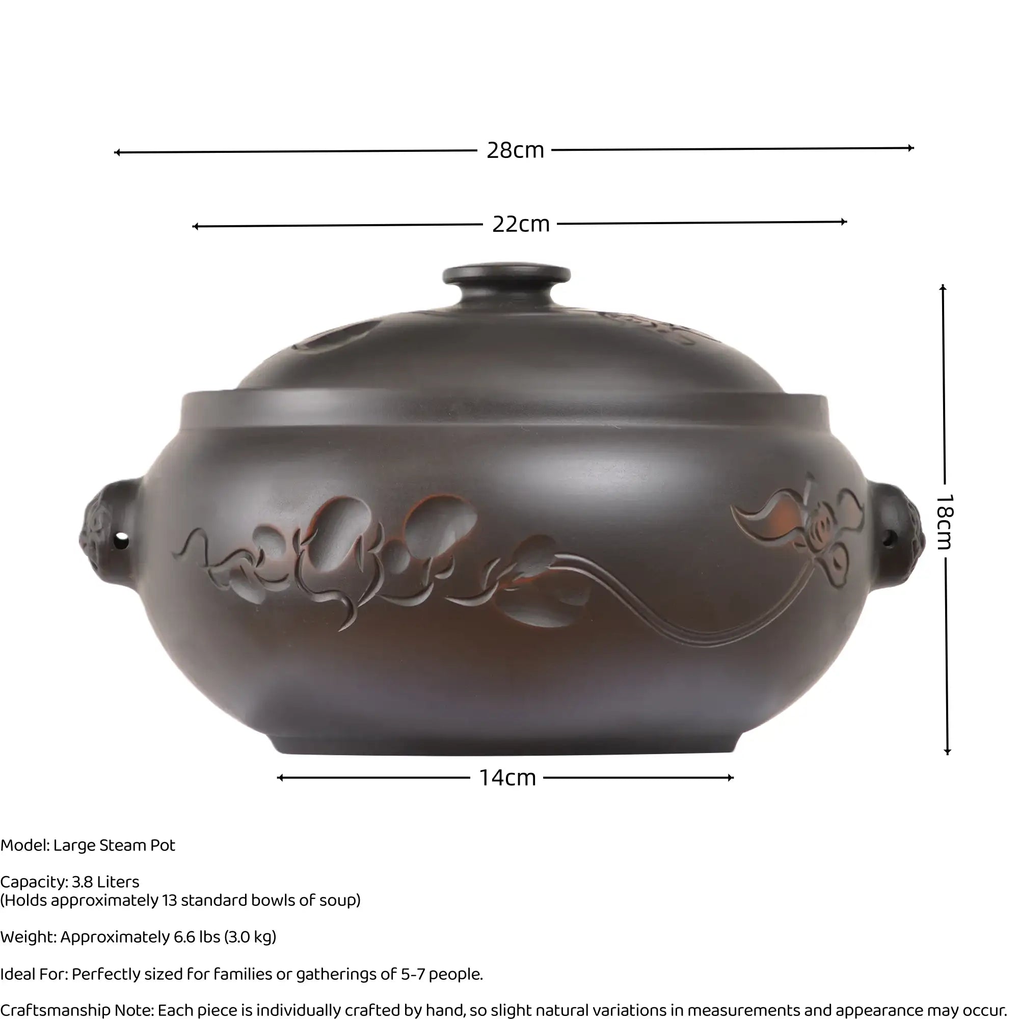 Size and capacity details of a large Jianshui zitao pottery steam pot with line-carved lotus pattern, holding 3.8 liters and ideal for gatherings of 5-7 people