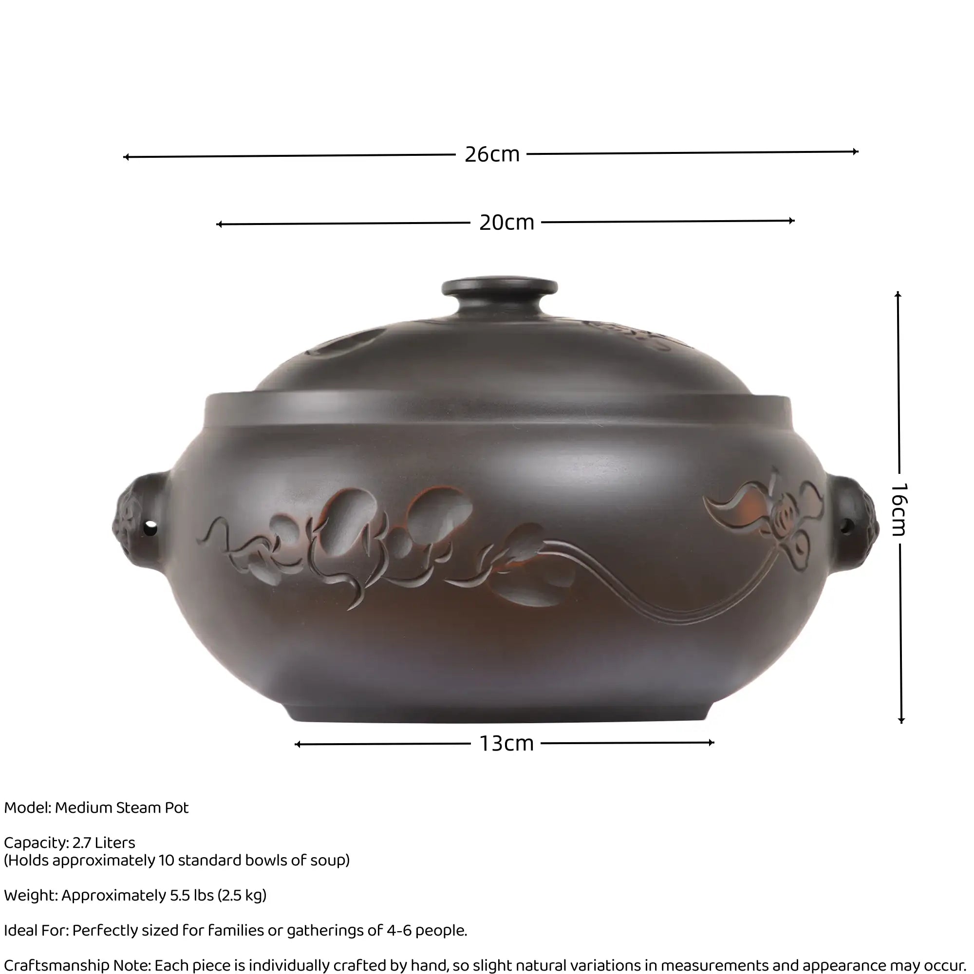 Size and capacity details of a medium Jianshui zitao pottery steam pot (black) with line-carved lotus pattern, holding 2.7 liters and ideal for gatherings of 4-6 people