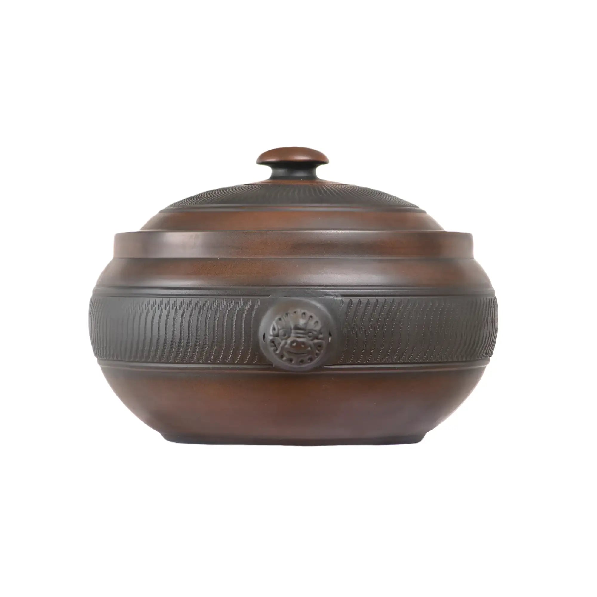 Front view of a handmade pottery steam pot with a chattering-carved texture band and fitted lid.