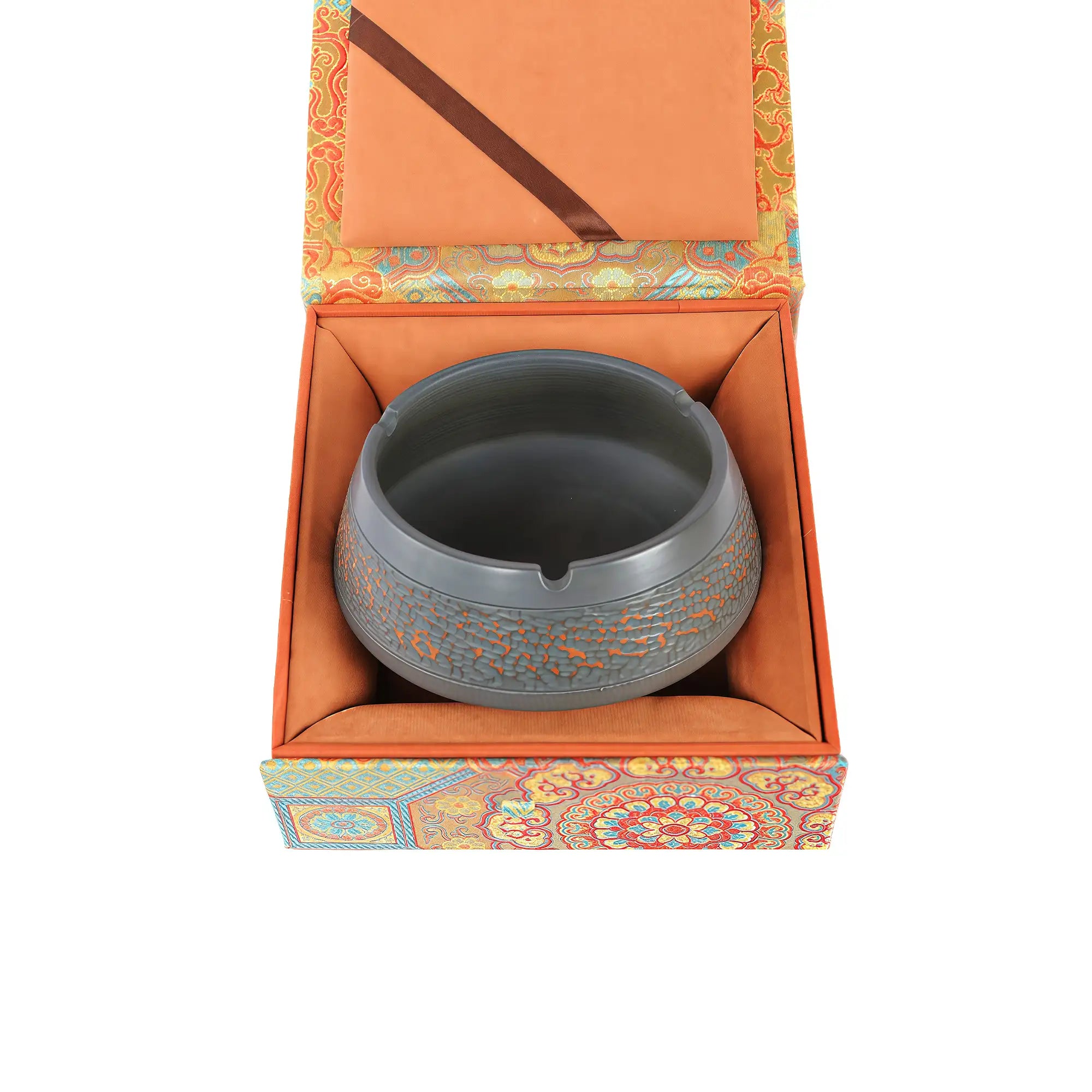 Jianshui zitao ashtray displayed inside a traditional decorative gift box