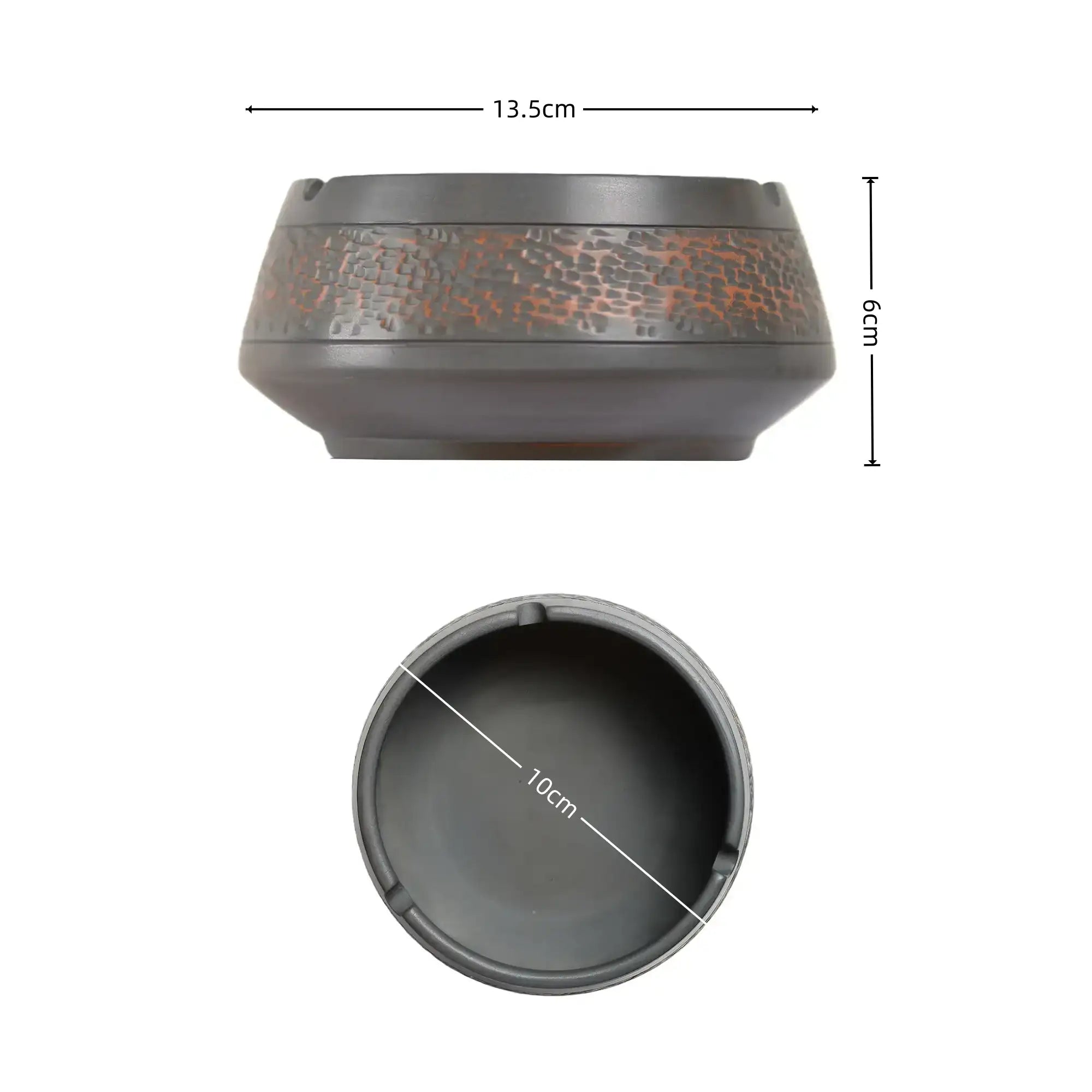 Size diagram of a Jianshui zitao  ashtray with chattering-carved texture, showing 13.5 cm diameter, 6 cm height, and 10 cm inner diameter