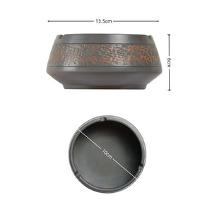 Size diagram of a Jianshui zitao  ashtray with chattering-carved texture, showing 13.5 cm diameter, 6 cm height, and 10 cm inner diameter