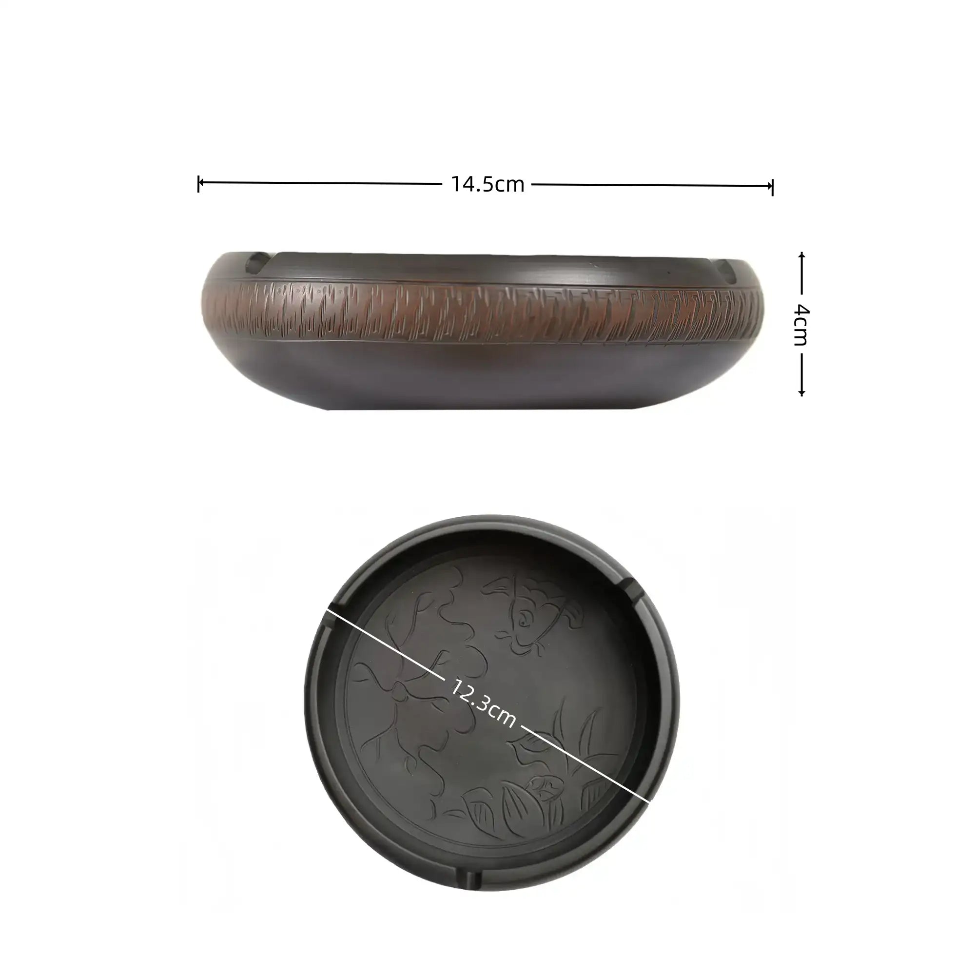 Size diagram of a Jianshui zitao ashtray  chattering-carved texture and carved fish and lotus design, showing 14.5 cm diameter, 4 cm height, and 12.3 cm inner diameter