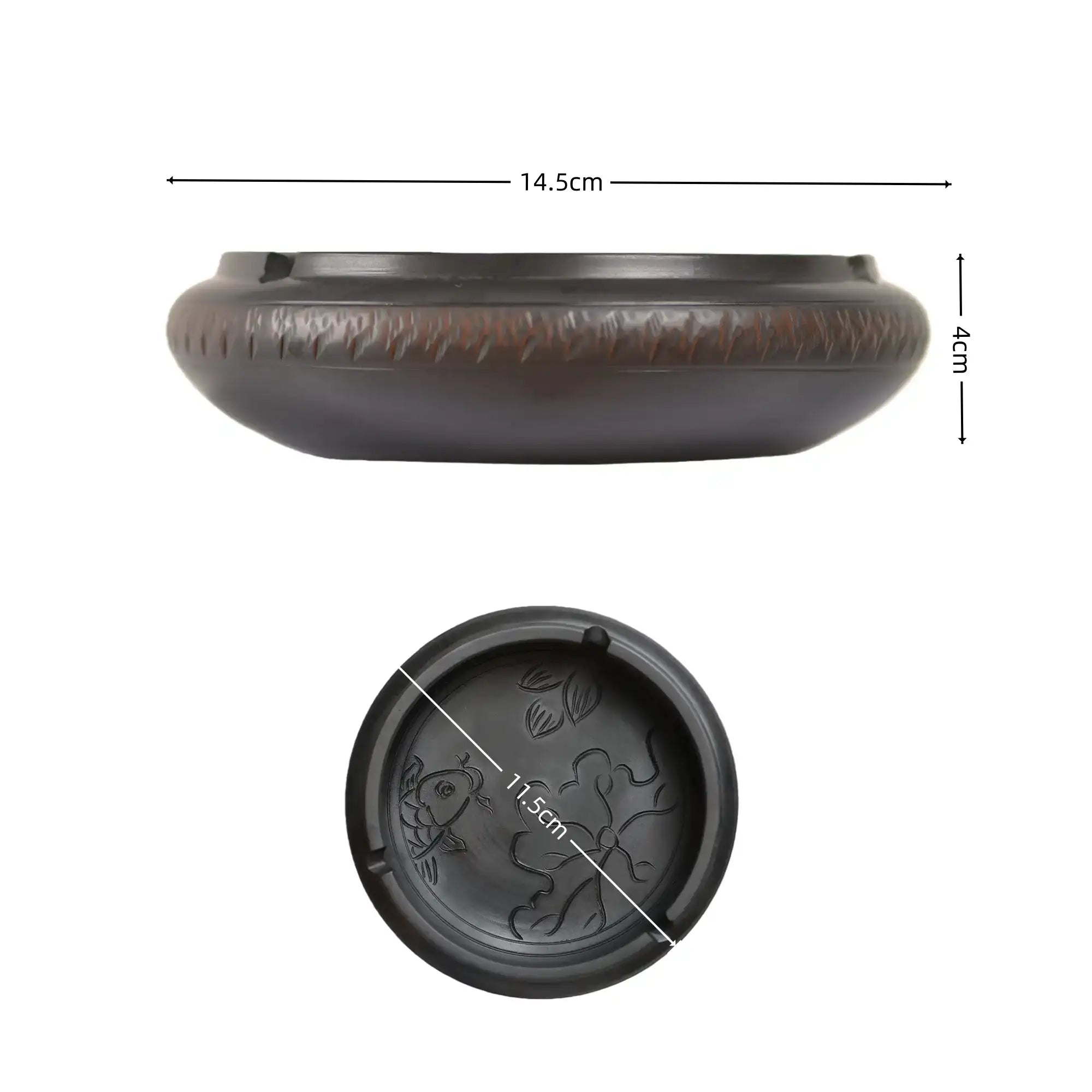 Dimensions of a handmade pottery ashtray with chattering-carved texture and fish and lotus leaf motif, showing 14.5 cm diameter and 4 cm height