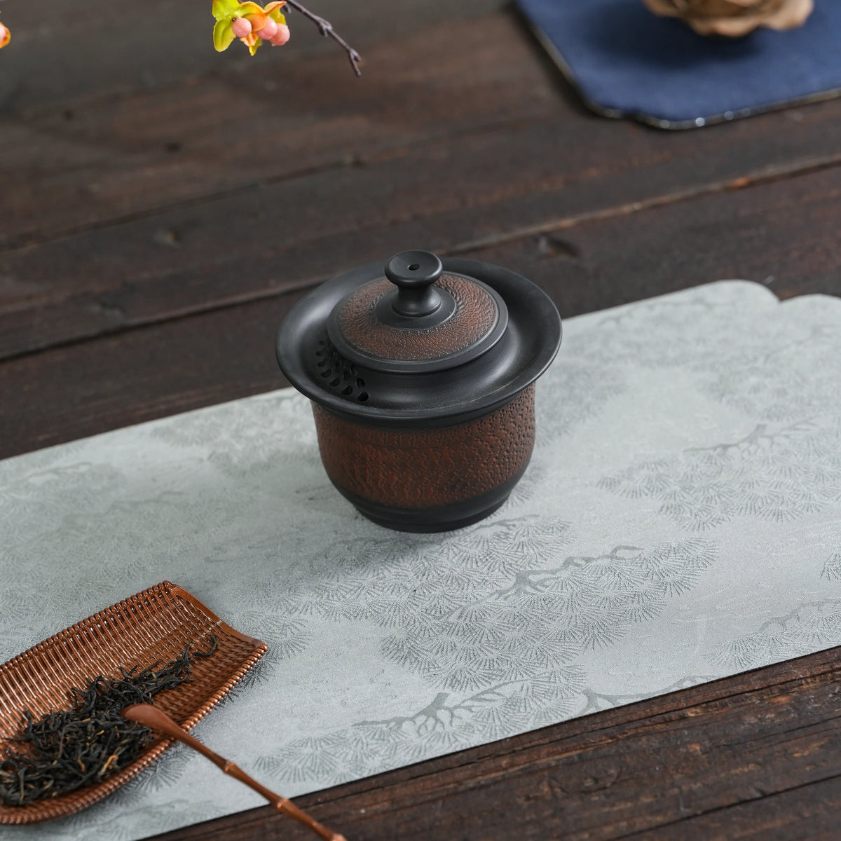 Top view of handmade Jianshui black handleless teapot