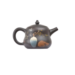 Right side view of PorSva No.48 gourd-shaped clay teapot showing detailed cat and vase carving