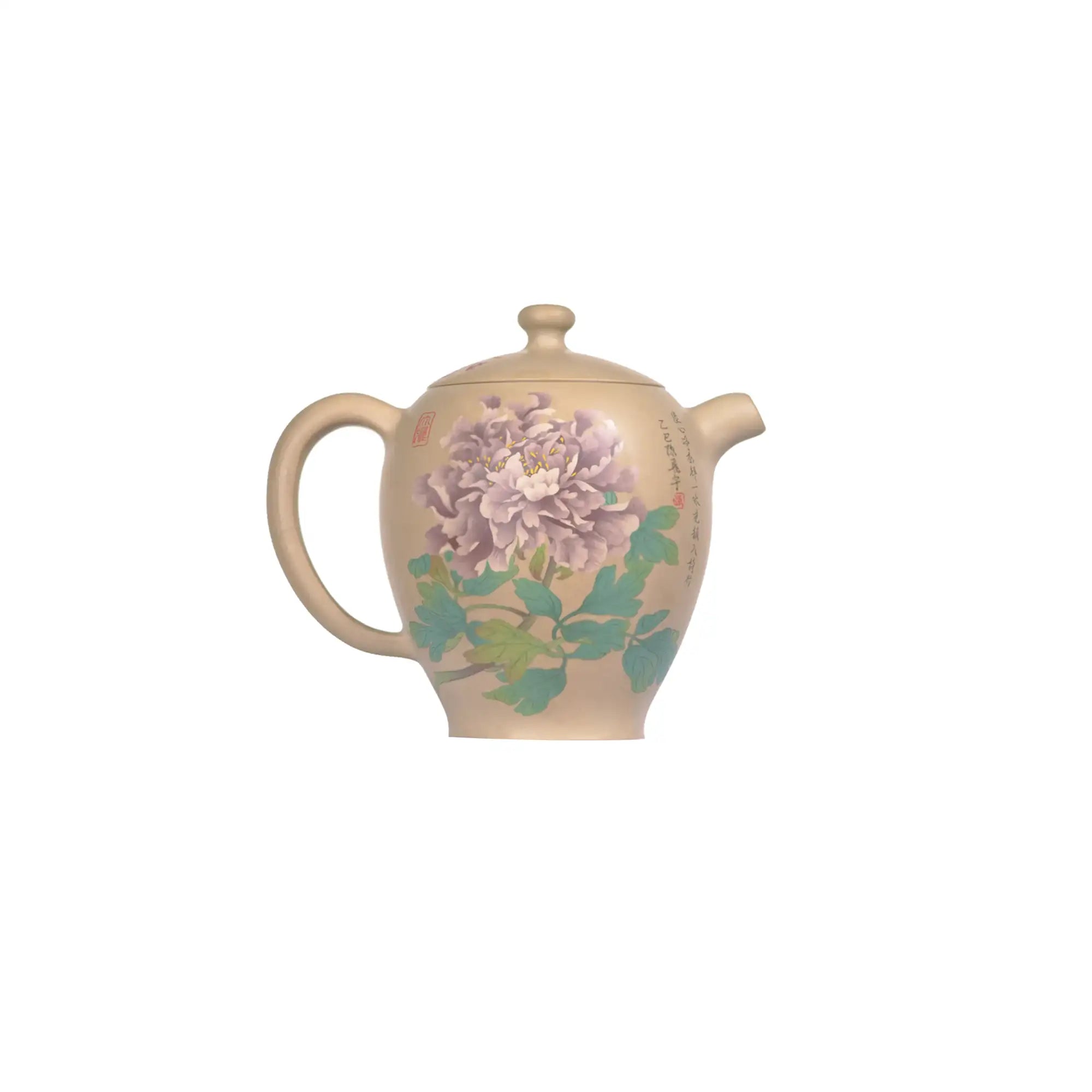Right side view of PorSva No.59 clay teapot showing detailed peony carving with white clay inlay