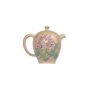 Right side view of PorSva No.59 clay teapot showing detailed peony carving with white clay inlay