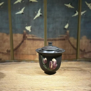 Handcrafted clay gaiwan with relief carving decoration, traditional purple clay tea bowl