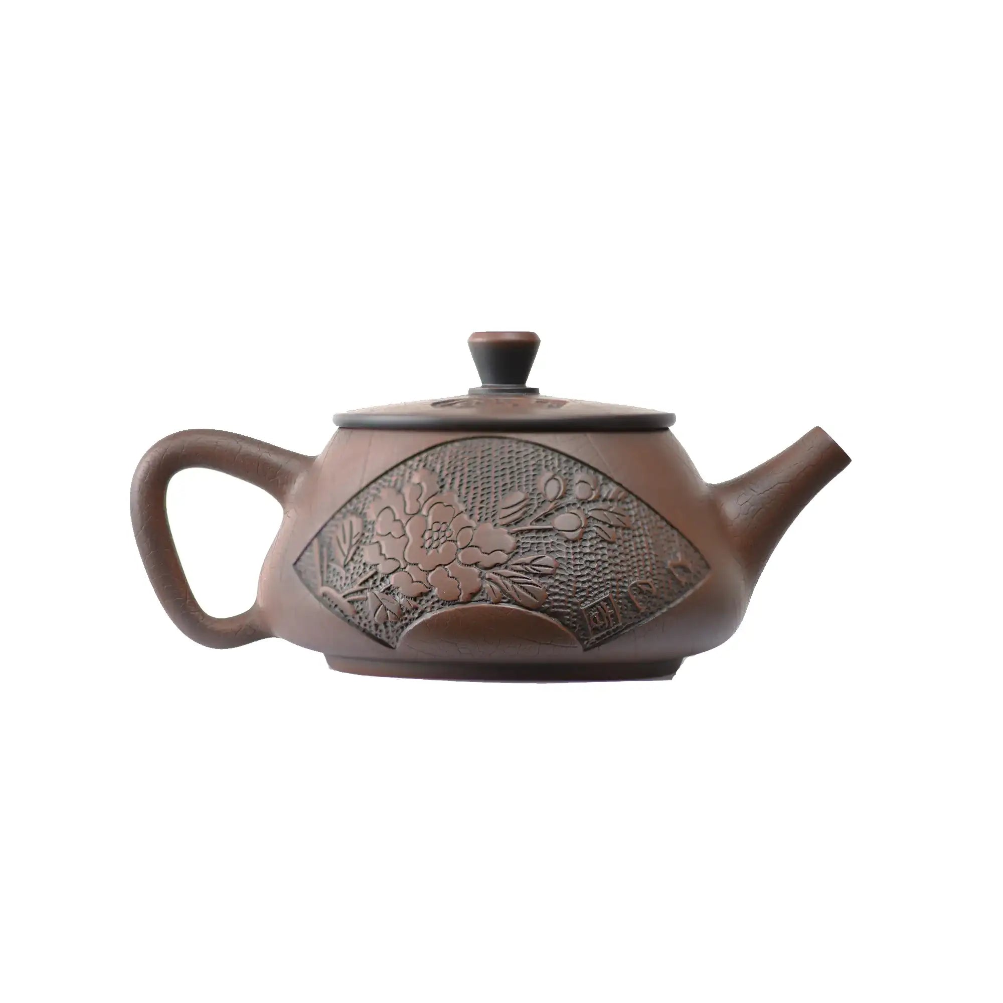 Side view of handcrafted clay teapot No.24 featuring with bronze Bodhi and peony relief