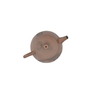 Top view of clay teapot No.24 highlighting lid shape and peony relief detail