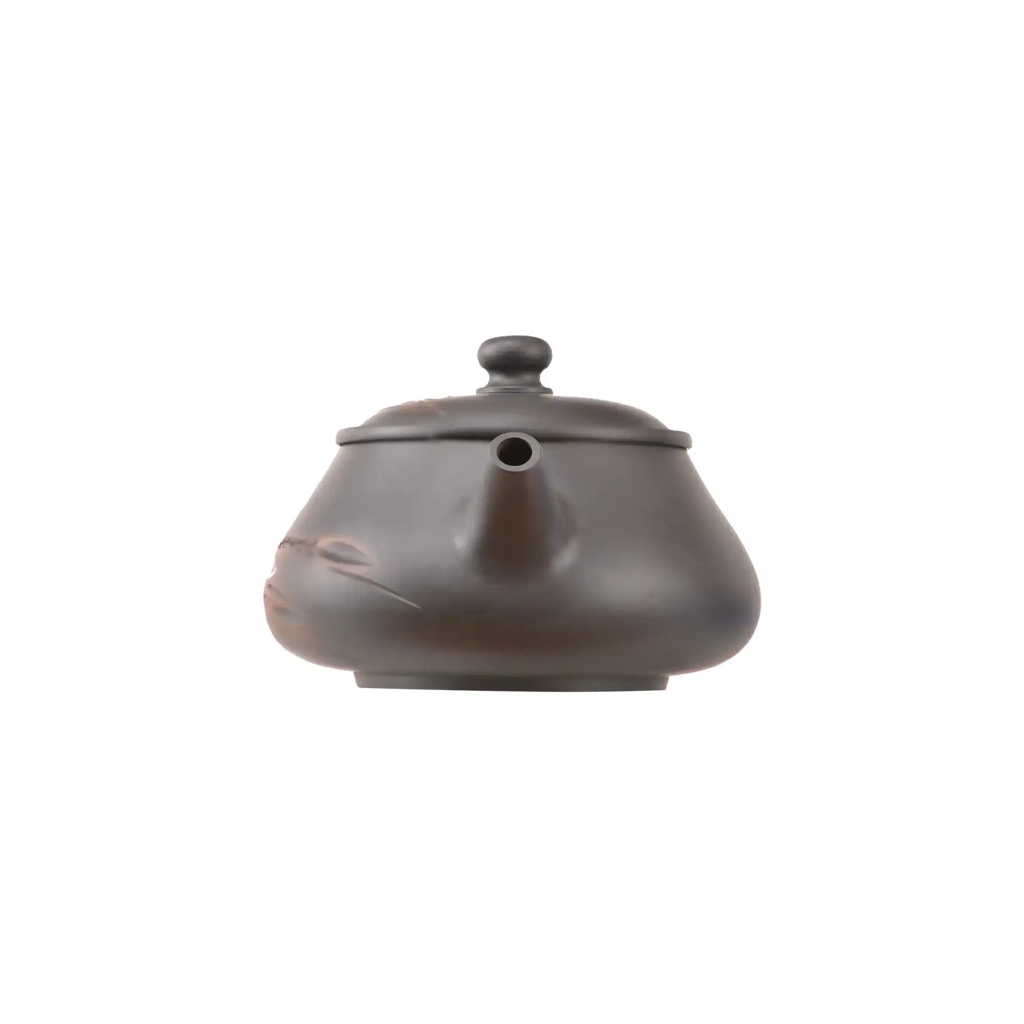 Clay teapot No.4 showing hand-carved bamboo motif and natural clay texture
