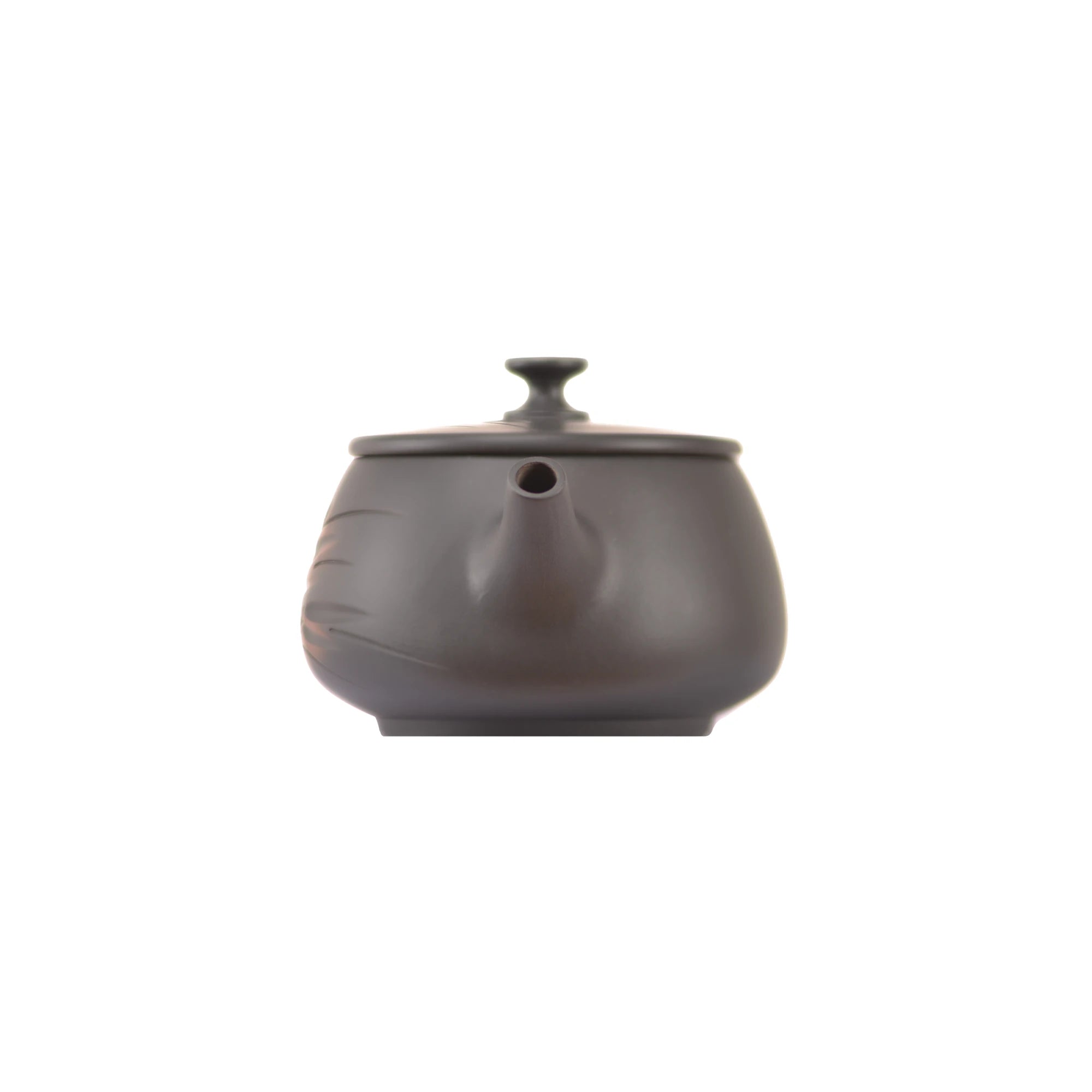 Handcrafted clay teapot No.8 featuring bamboo carved detailing and unglazed finish