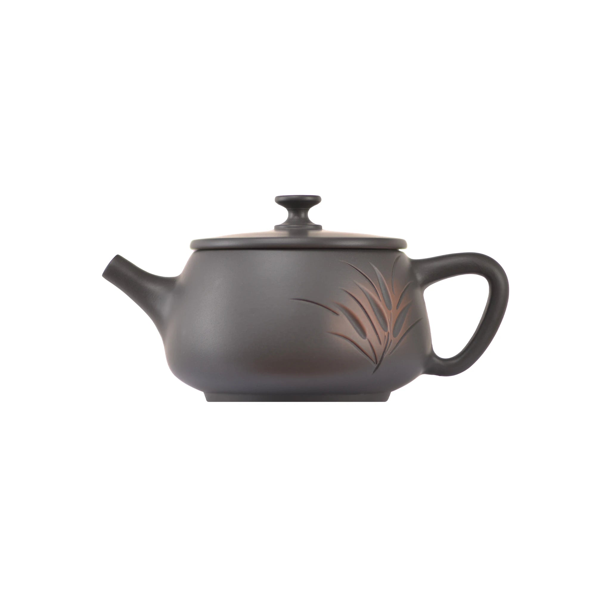 Side view of clay teapot No.8 with hand-carved bamboo motif and traditional form