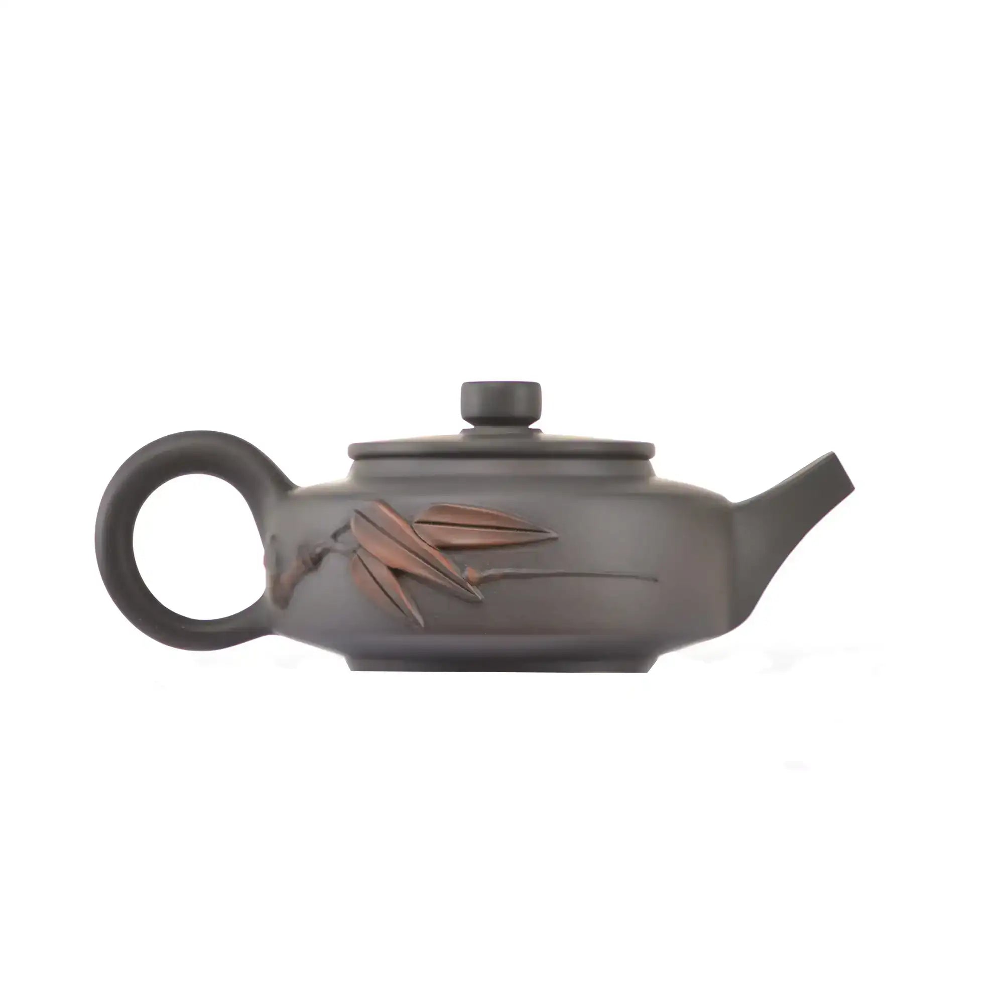 Side view of clay teapot No.18 showing raised bamboo relief design