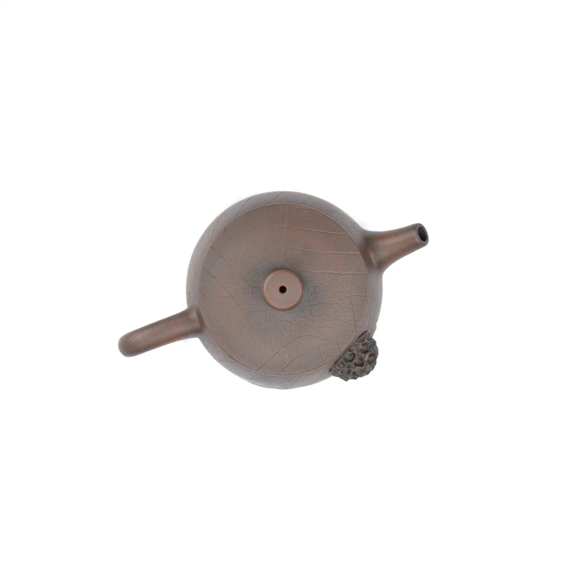 Top view of clay teapot No.22 highlighting lid shape and lotus pod relief detail