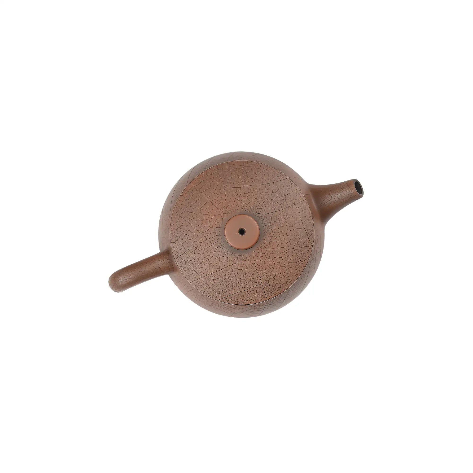 Top view of clay teapot No.10 highlighting lid shape and Bodhi pattern detail
