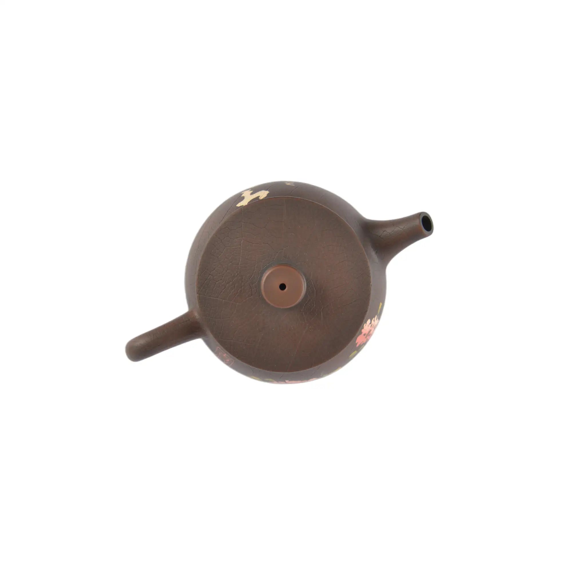 Top view of clay teapot No.28 highlighting lid shape and peony pattern detail