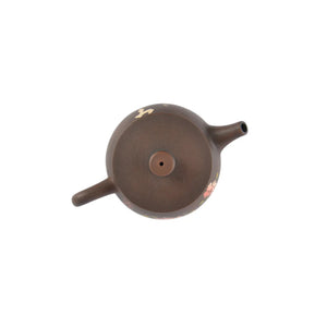 Top view of clay teapot No.28 highlighting lid shape and peony pattern detail