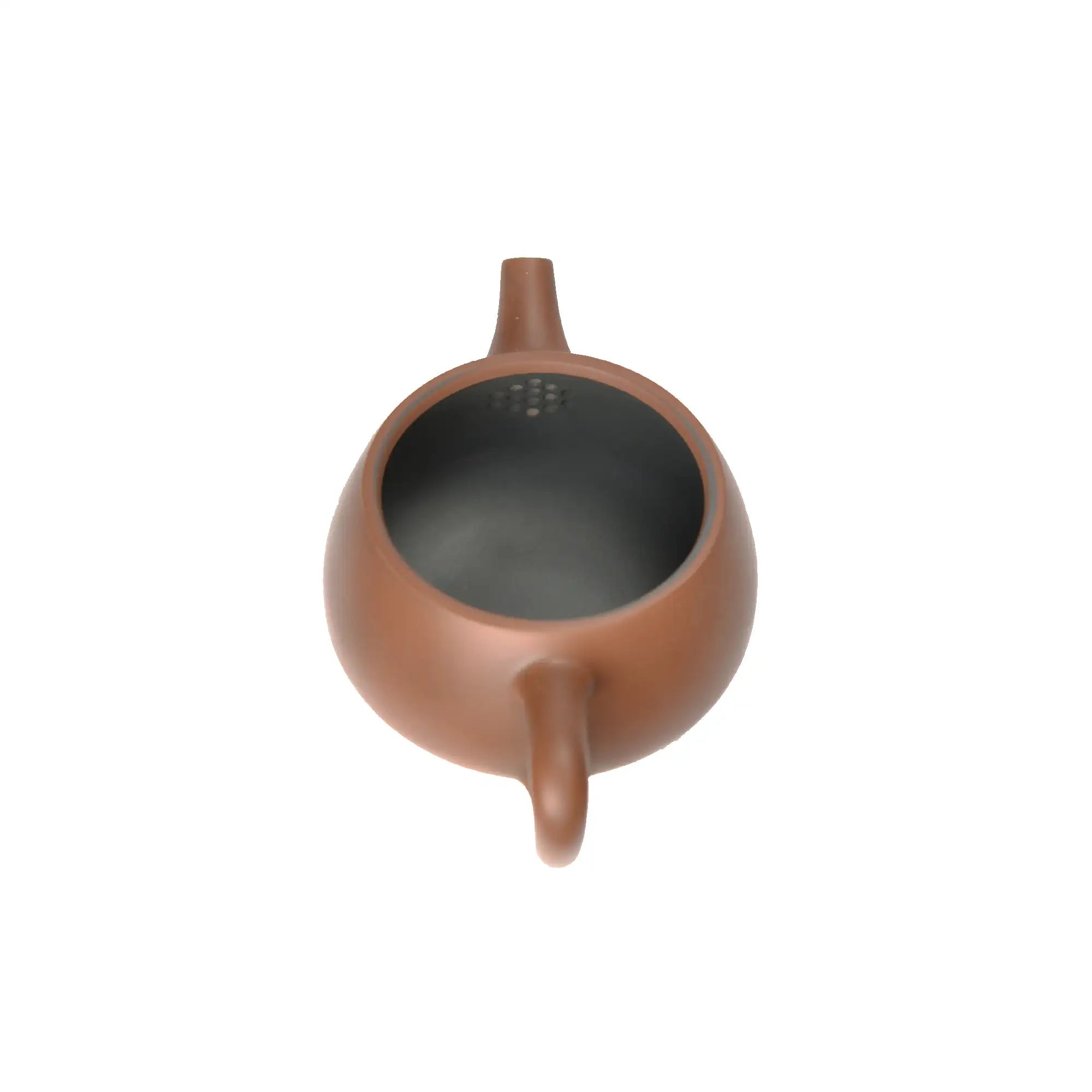 Open view of Hanwa clay teapot No.3 showing natural clay interior and pouring structure