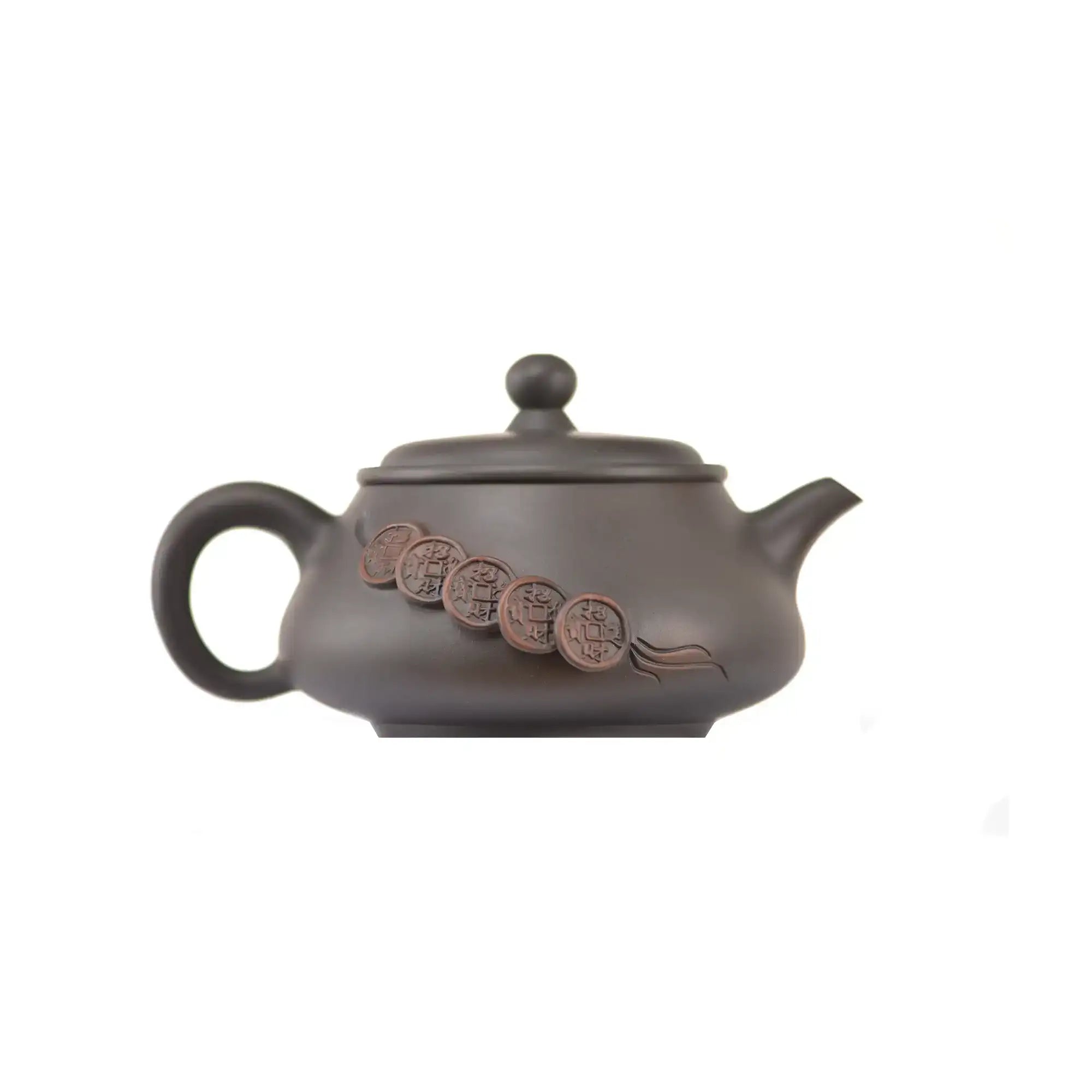 Side view of clay teapot No.15 showing raised coin relief design