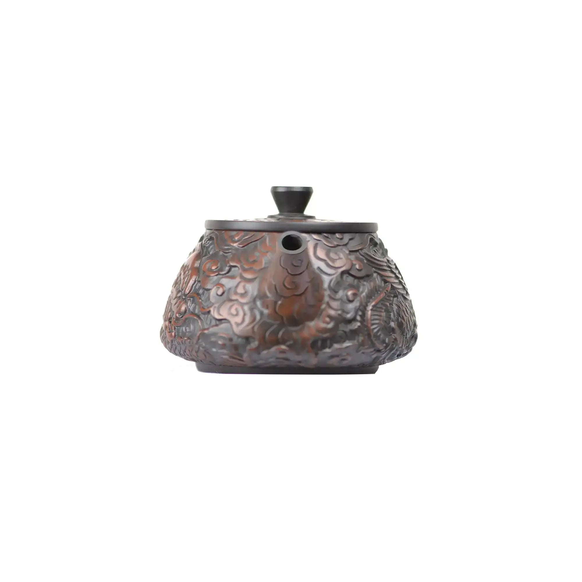 Front view of clay teapot No.32 showcasing detailed dragon and phoenix carving