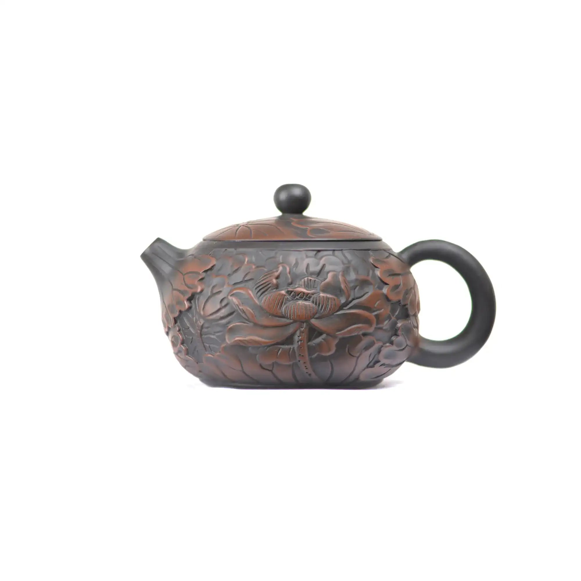 Side view of clay teapot No.30 showing detailed full lotus carving decoration