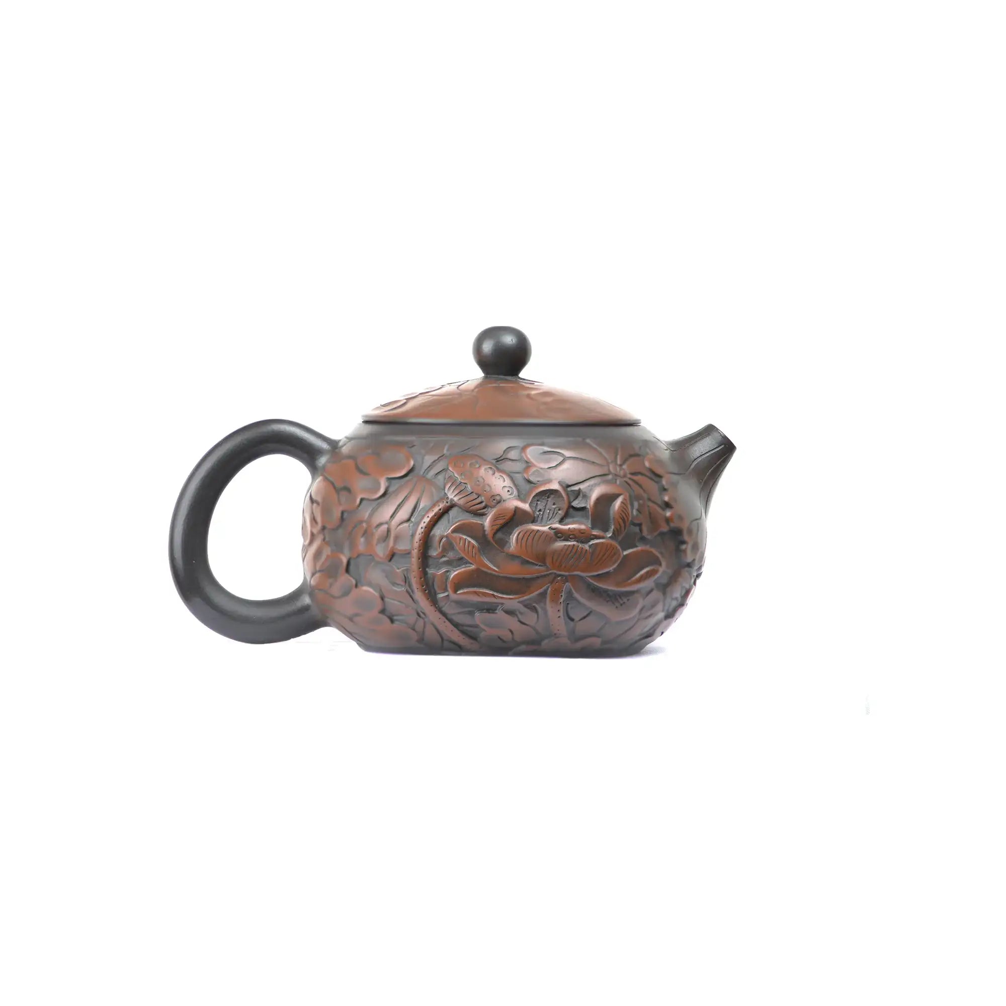 Handcrafted clay teapot No.31 side detail showing full lotus carving style 2 craftsmanship