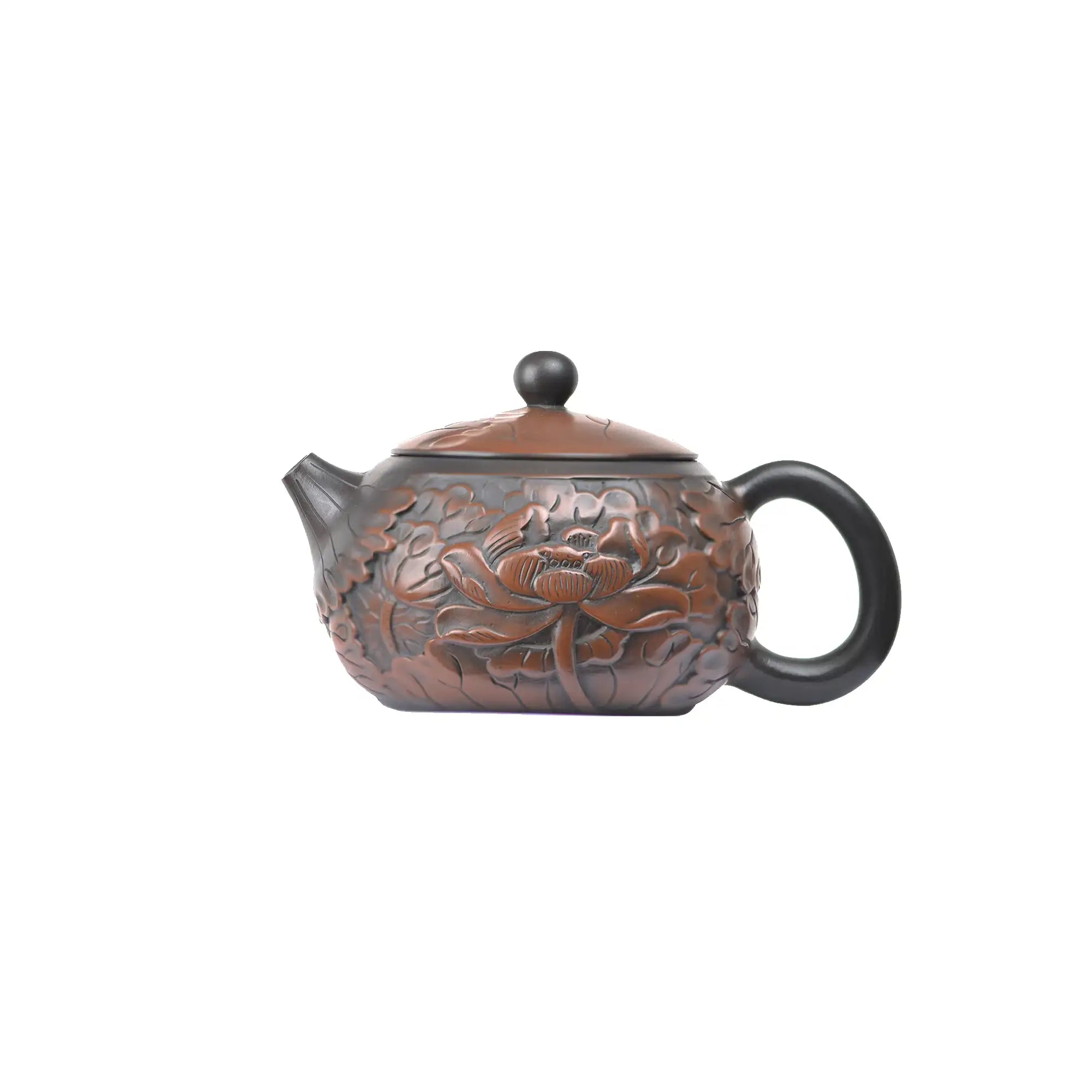Side view of handcrafted clay teapot No.31 with full lotus carving pattern style 2