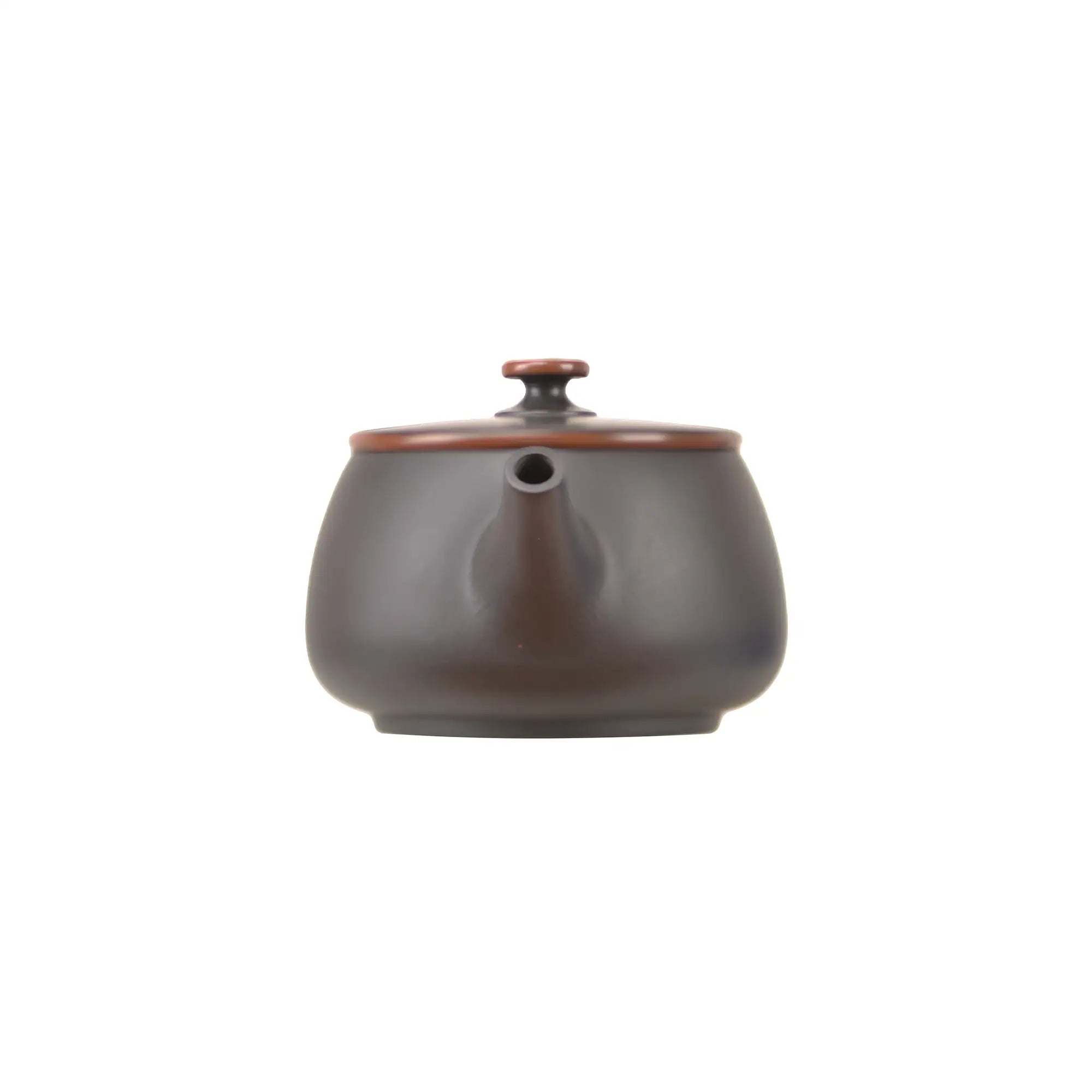 Clay teapot showing rounded body shape and traditional handcrafted finish