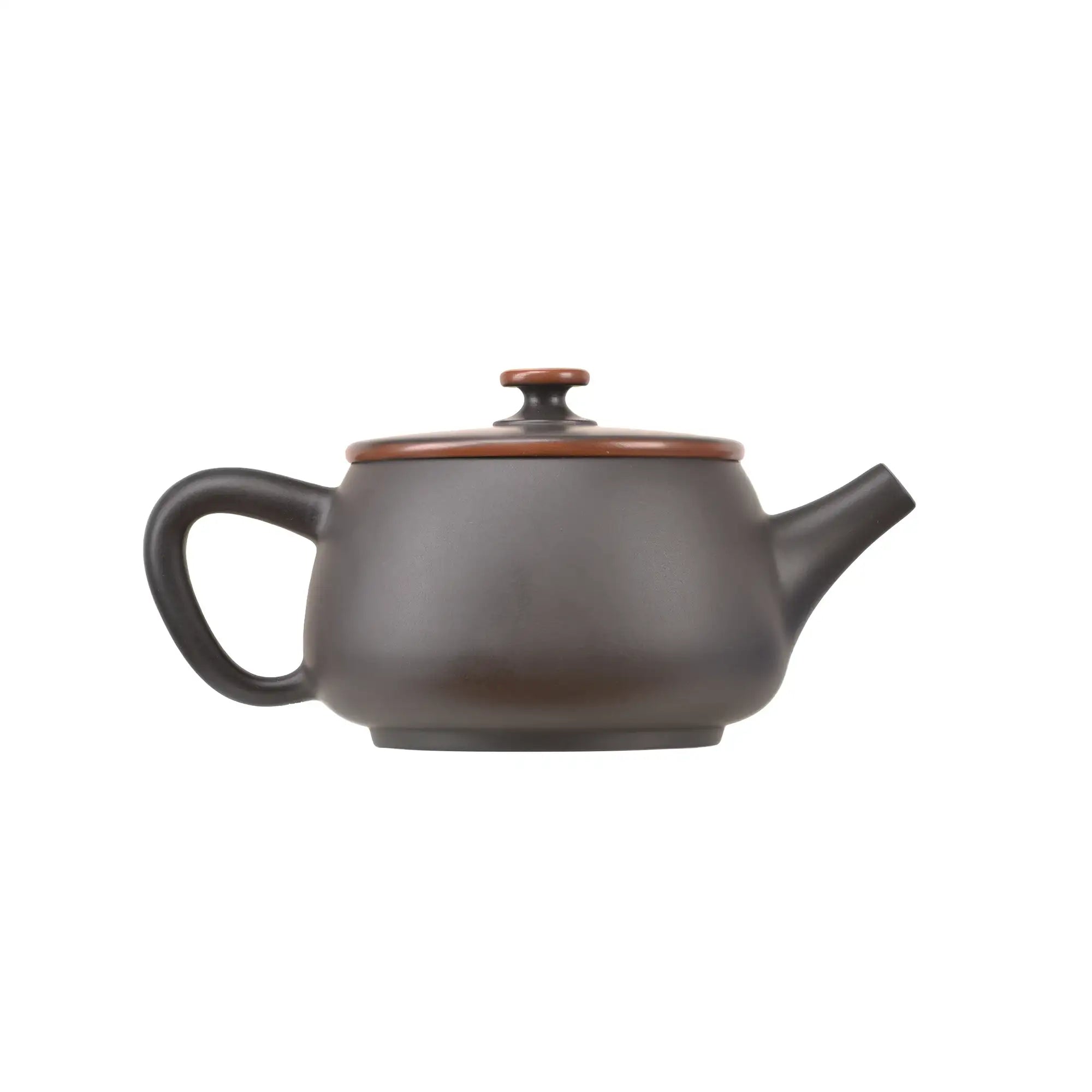 Side view of clay teapot featuring a minimalist smooth surface and gold waistline detail