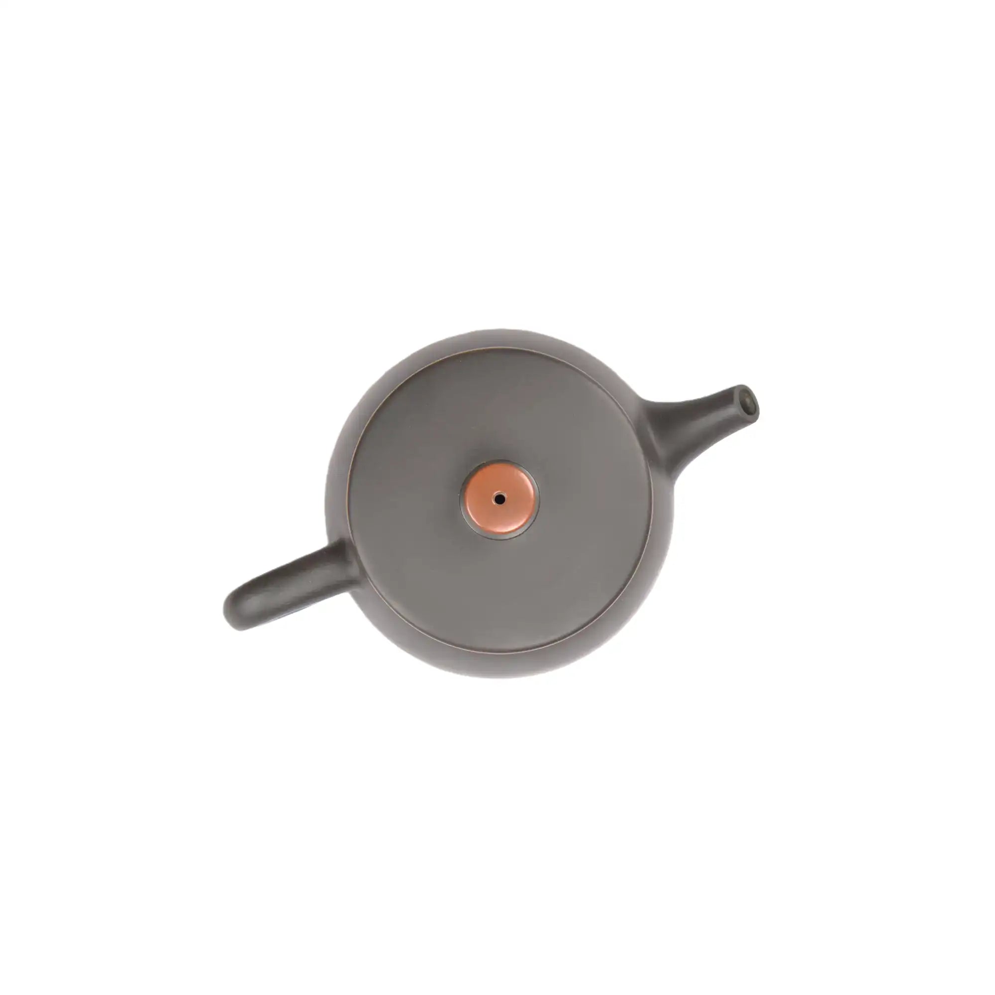 Top view of clay teapot highlighting lid shape and hand-polished surface